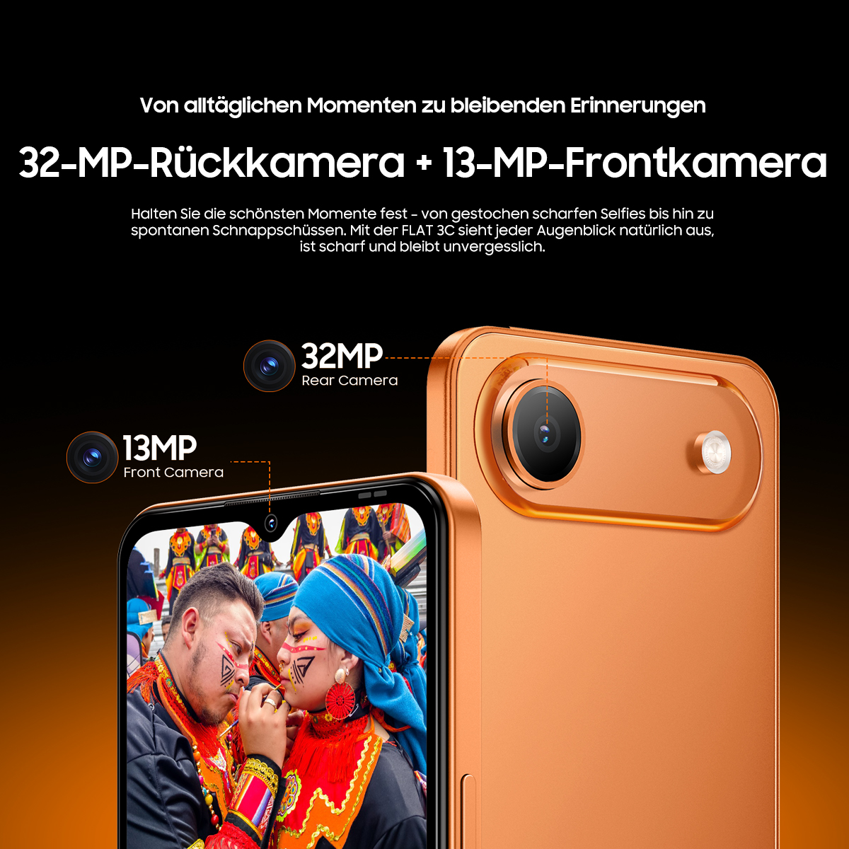 Orange Handy mit 32MP Rück- und 13MP Frontkamera. Nahaufnahme von zwei Personen.