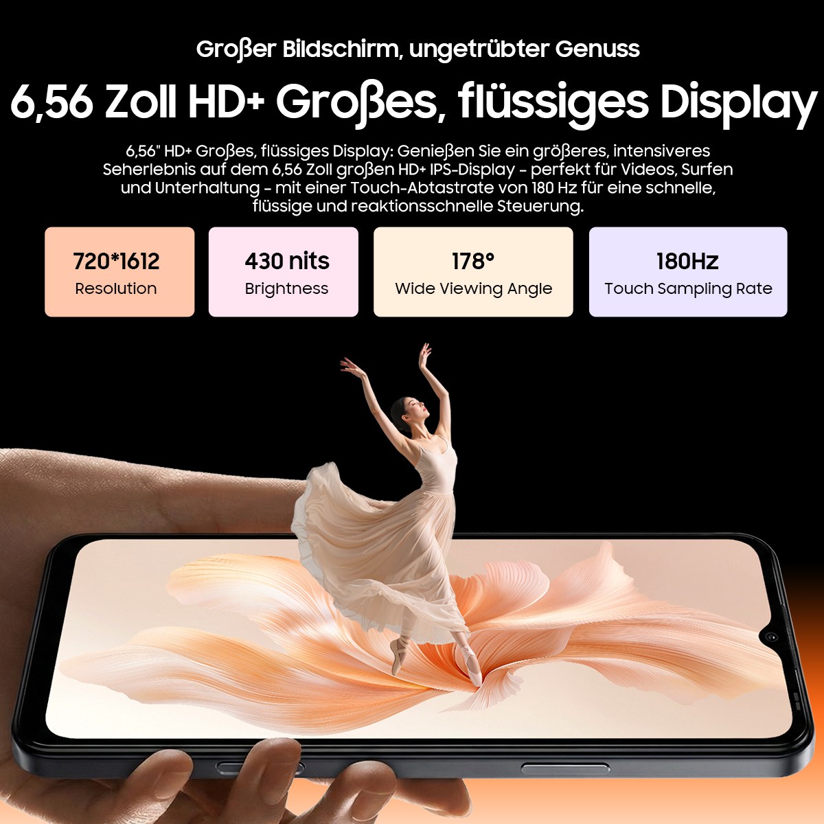 Ein Smartphone zeigt eine Ballerina. Specs: 720*1612 Auflösung, 430 Nits Helligkeit, 178° Blickwinkel, 180Hz Touch.