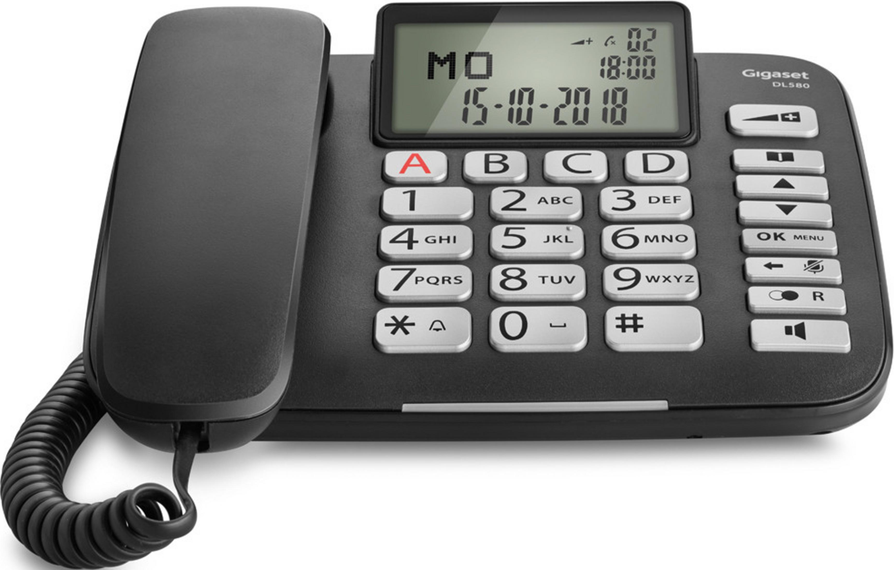 Un telefono fisso Gigaset DL580 nero con display e tastiera illuminati.