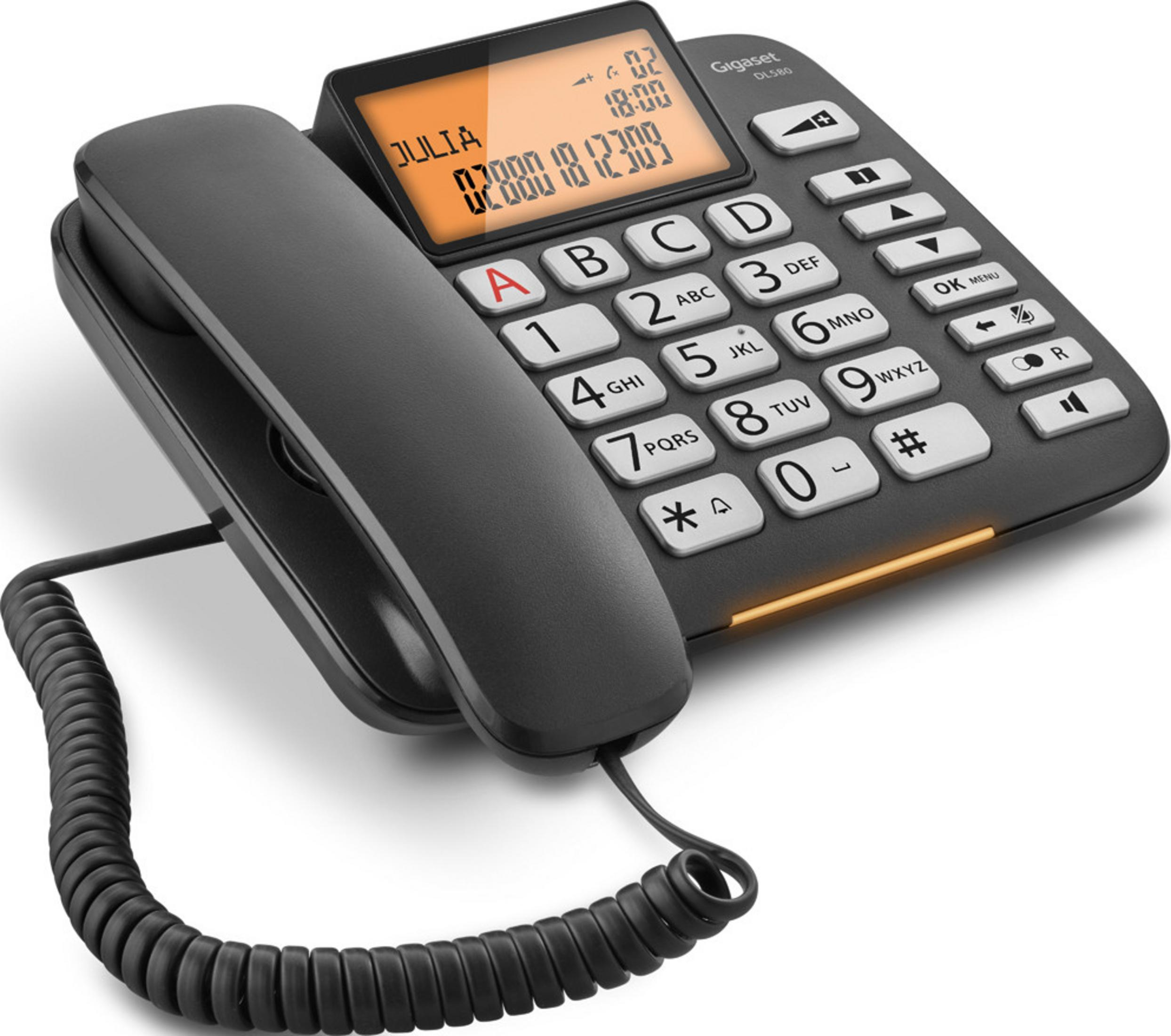 Un telefono cordless Gigaset nero con display e tasti illuminati. Mostra JULIA.