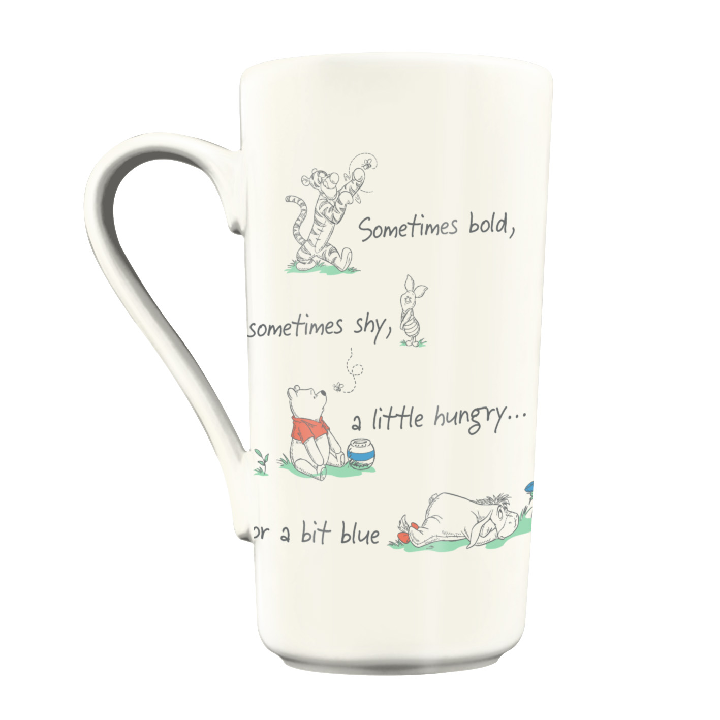 Weiße Tasse mit Winnie Puuh-Figuren: Tigger, Ferkel, Puuh, I-Aah. Zitate: Manchmal kühn, manchmal schüchtern, hungrig, blau.