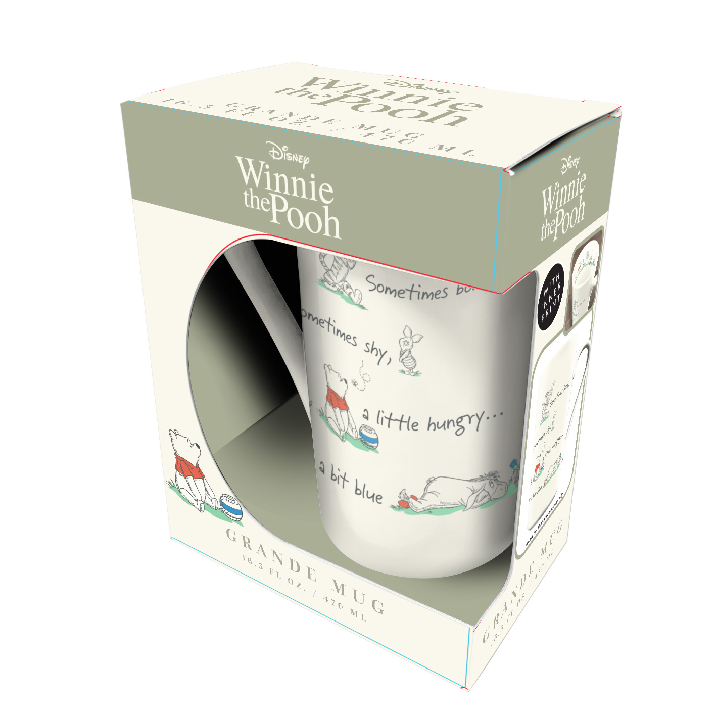 Winnie Pooh Tasse in Geschenkverpackung mit Motiven und Texten.