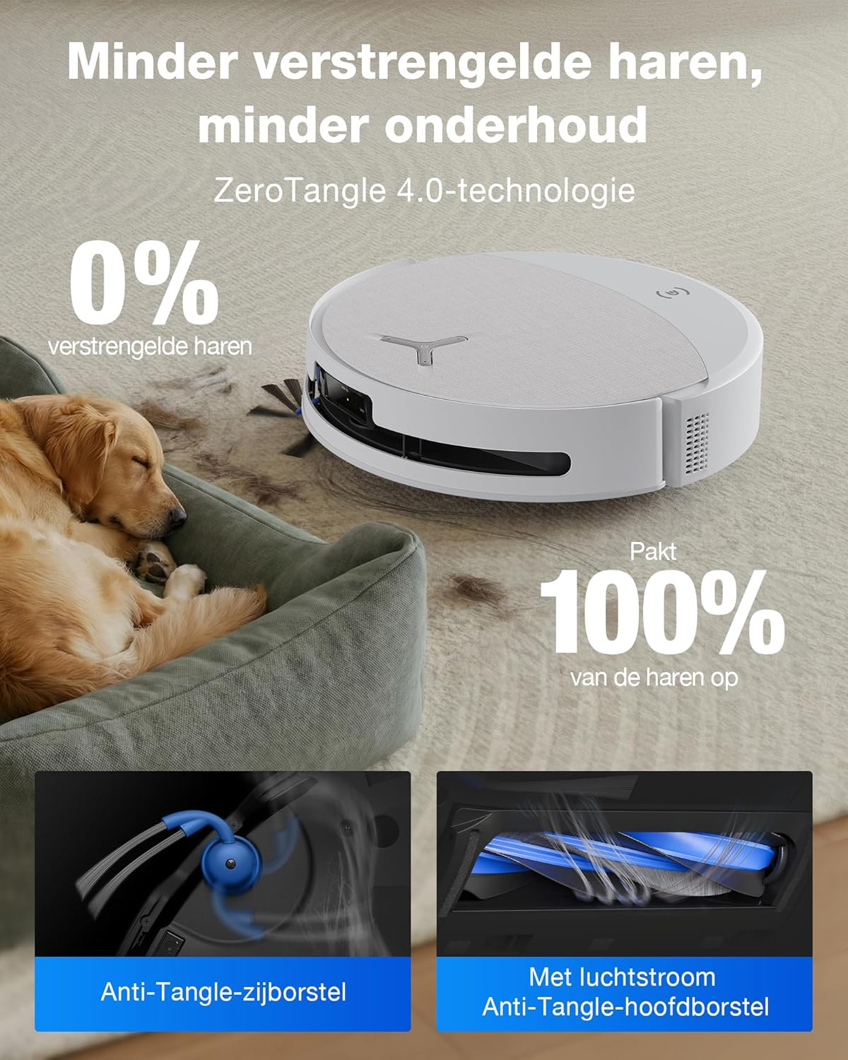 Ein Saugroboter reinigt neben einem Hund auf einem Bett. Details zeigen Bürsten.