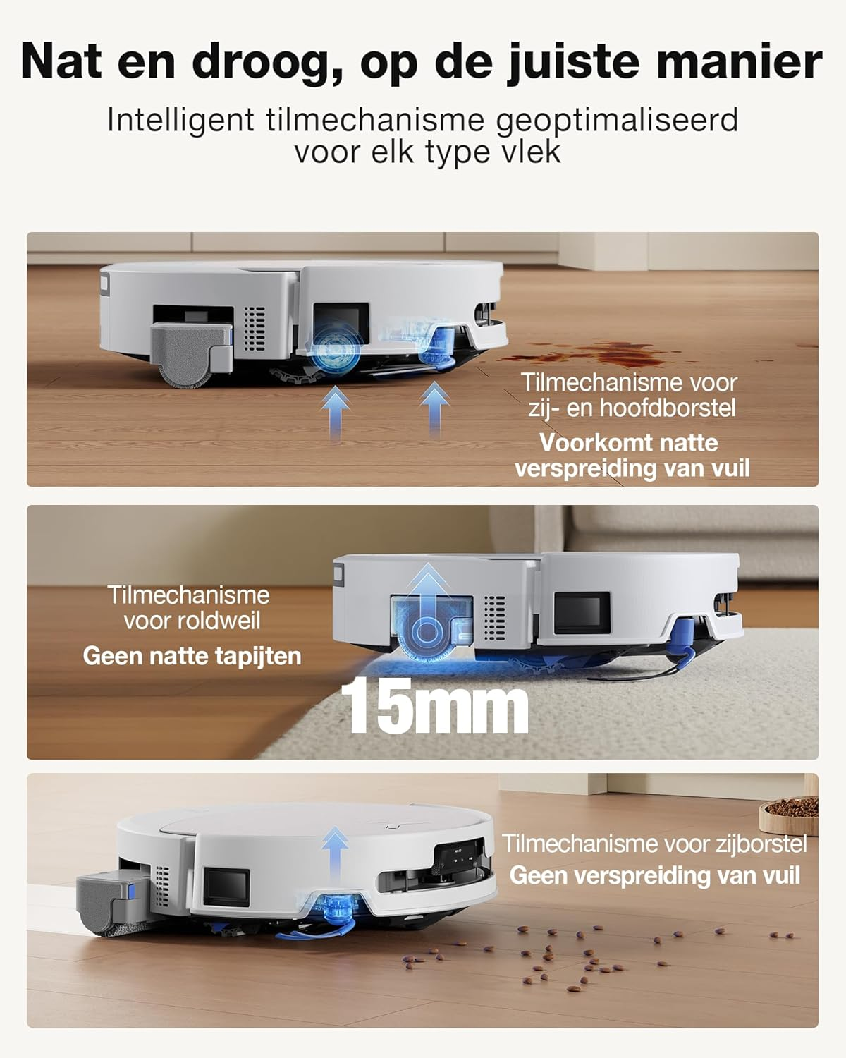 Ein weißer Saugroboter mit intelligentem Hebemechanismus auf Holzboden und Teppich.