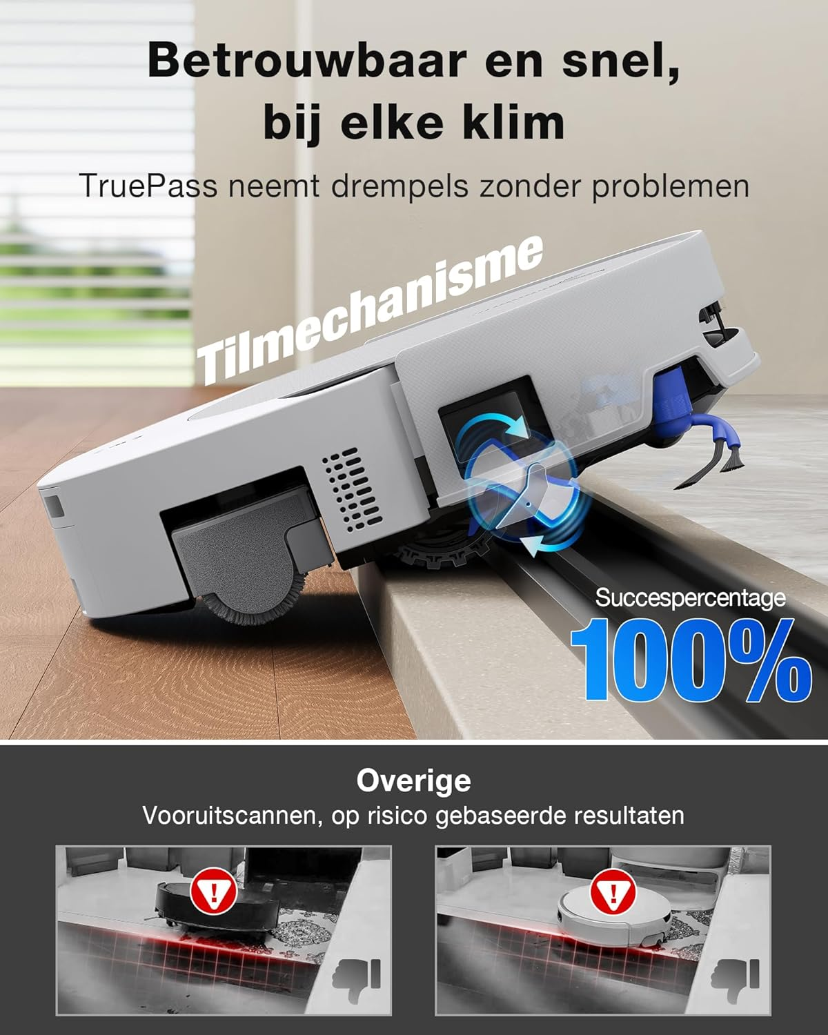 Ein Saugroboter überwindet erfolgreich eine Schwelle mit 100% Erfolgsquote.