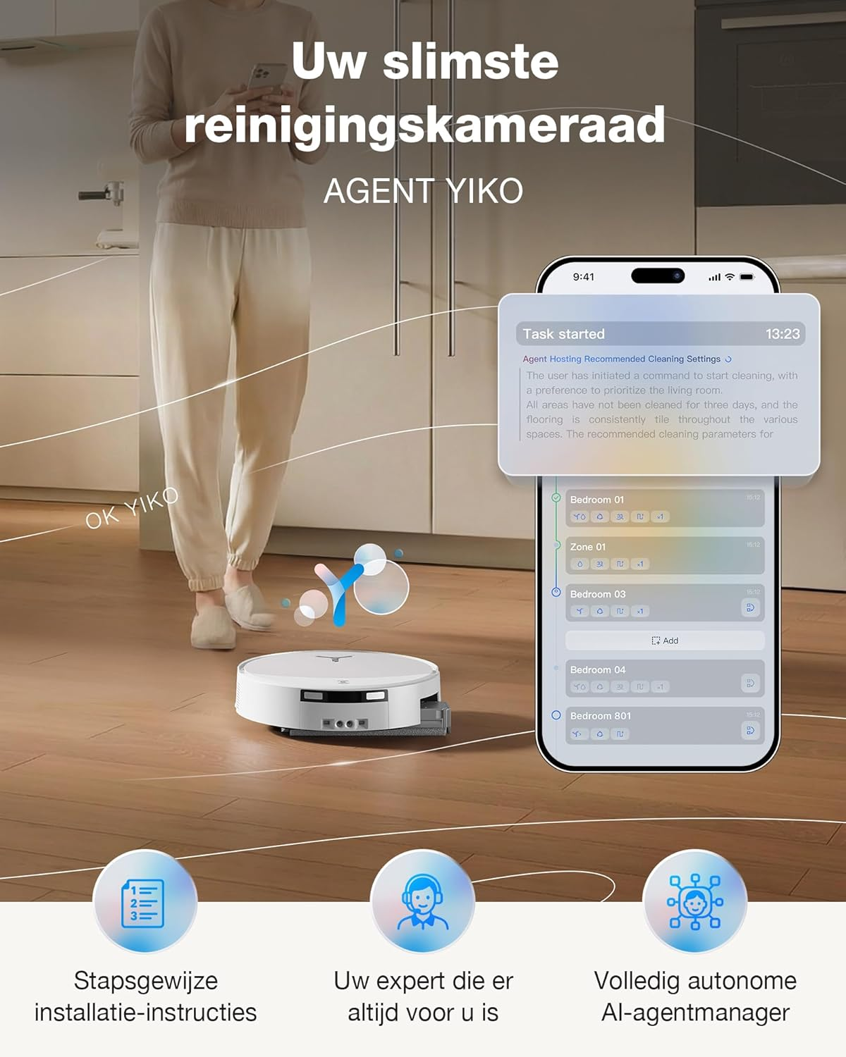 Ein Saugroboter reinigt einen Holzboden, während eine App auf dem Handy angezeigt wird.