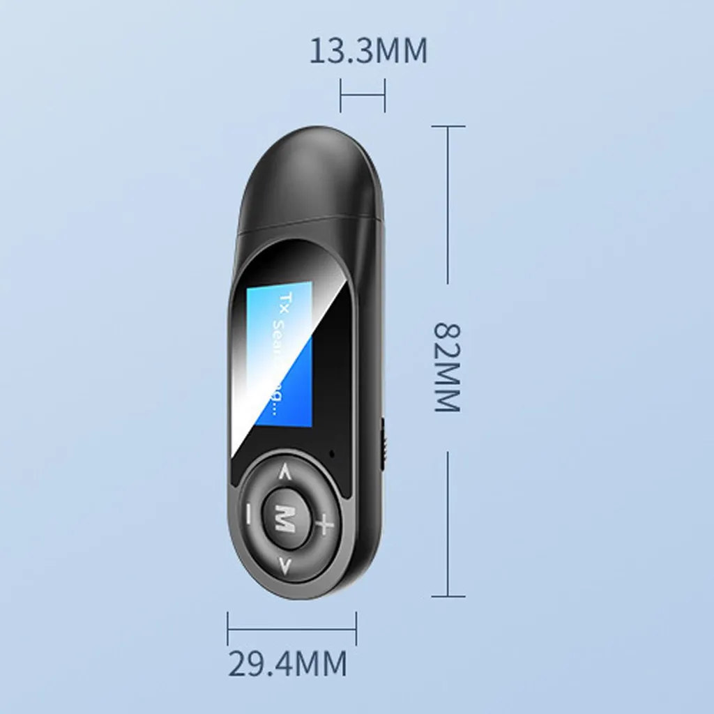 Schwarzes Bluetooth-Gerät mit kleinem Bildschirm und Bedienelementen. Maße angegeben.