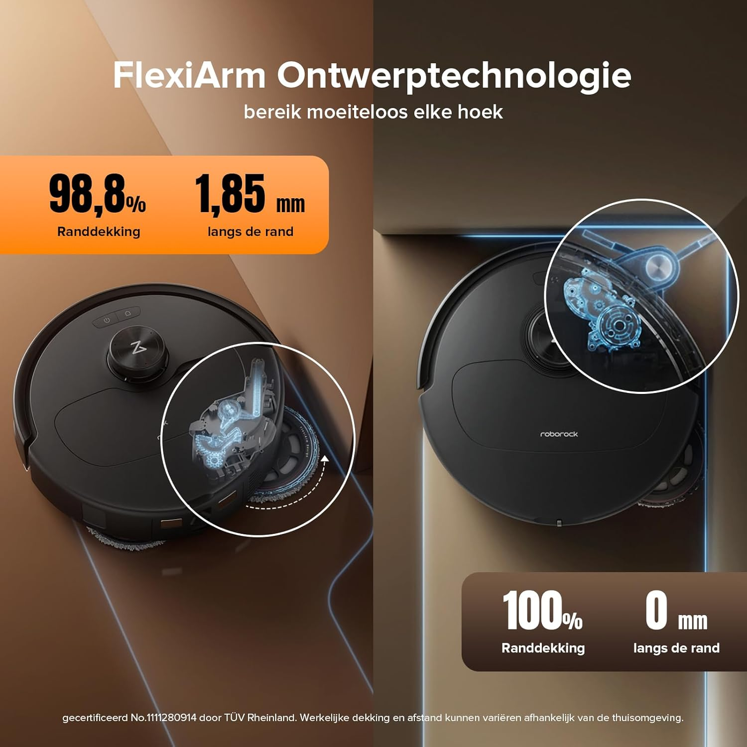 Robot vacuum with FlexiArm technology: 98.8% edge coverage, 1.85mm distance.