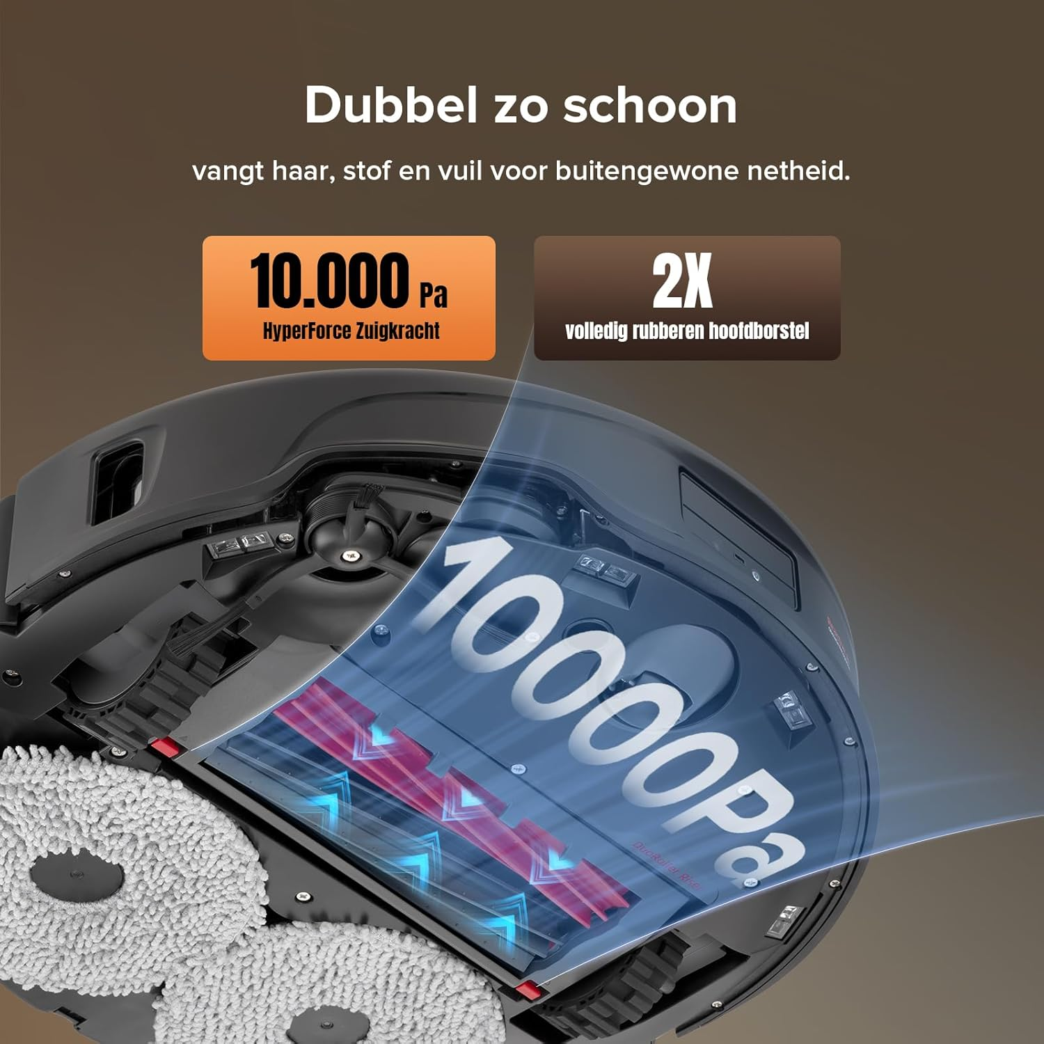 A robot vacuum with 10,000 Pa suction power and rubber brush.