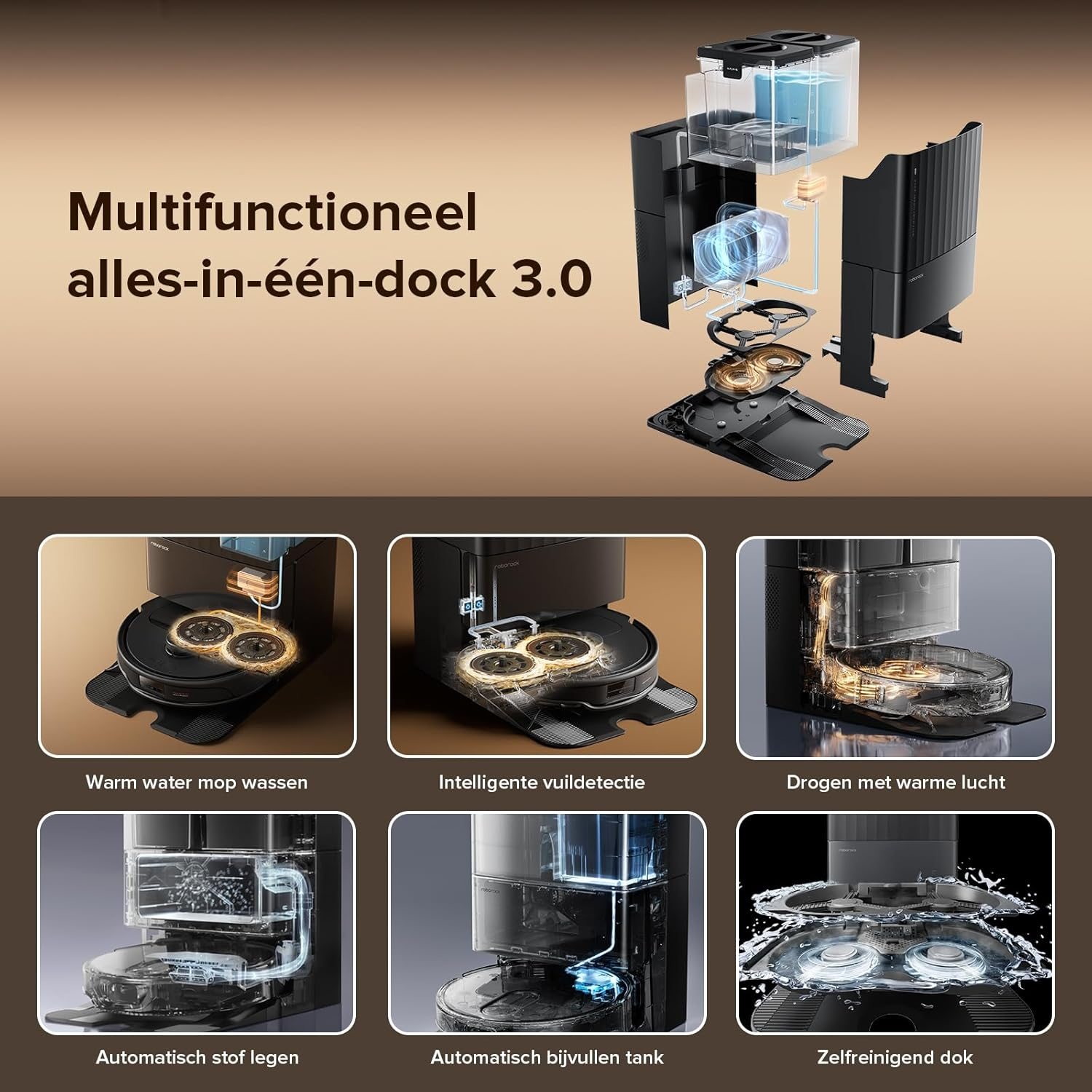 Exploded view of a multifunctional cleaning station with robot vacuum.