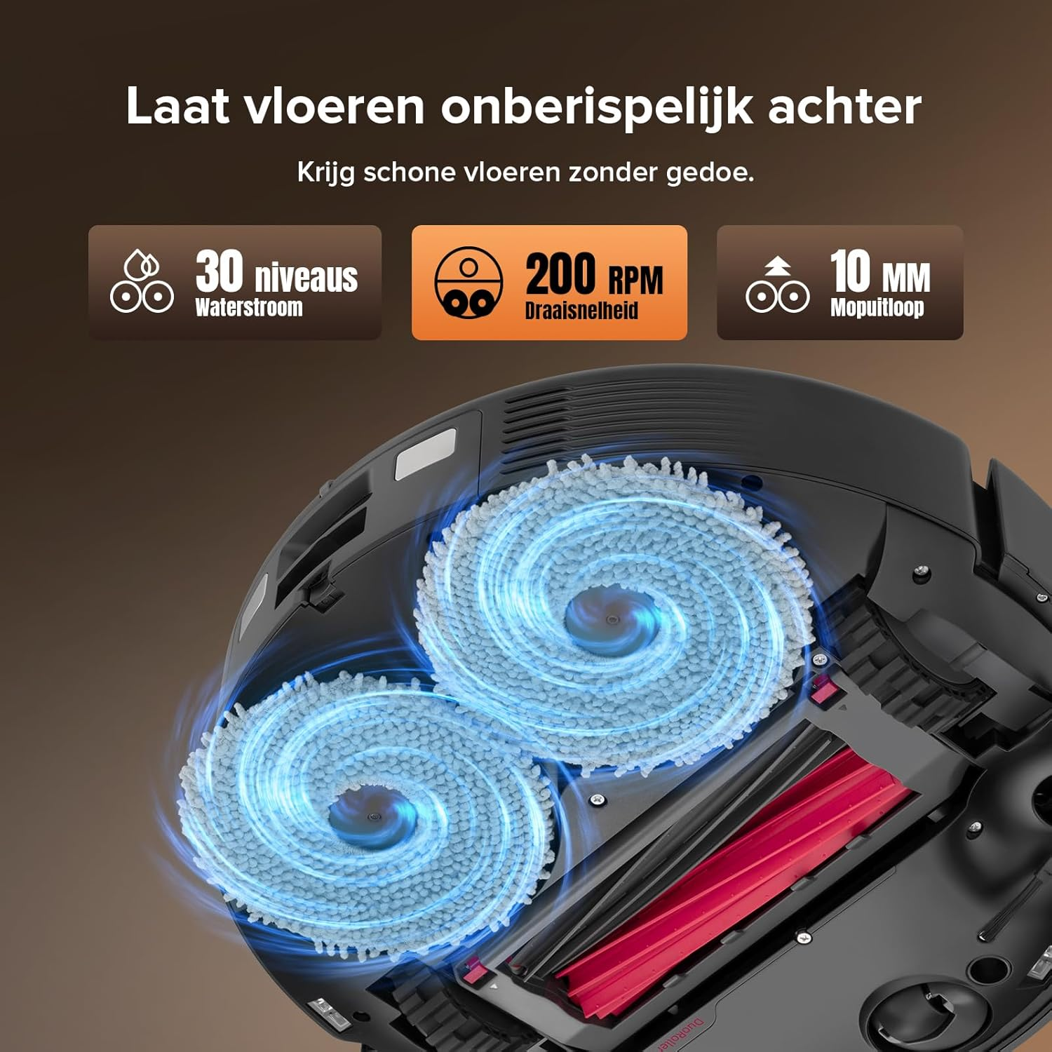 A robot vacuum with two spinning mop pads and a red brush.