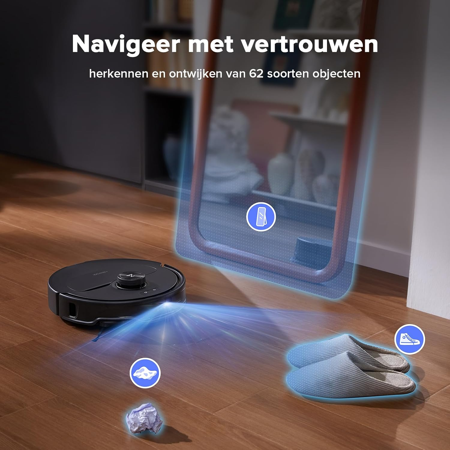 A black robot vacuum scans a floor, identifying slippers and paper.