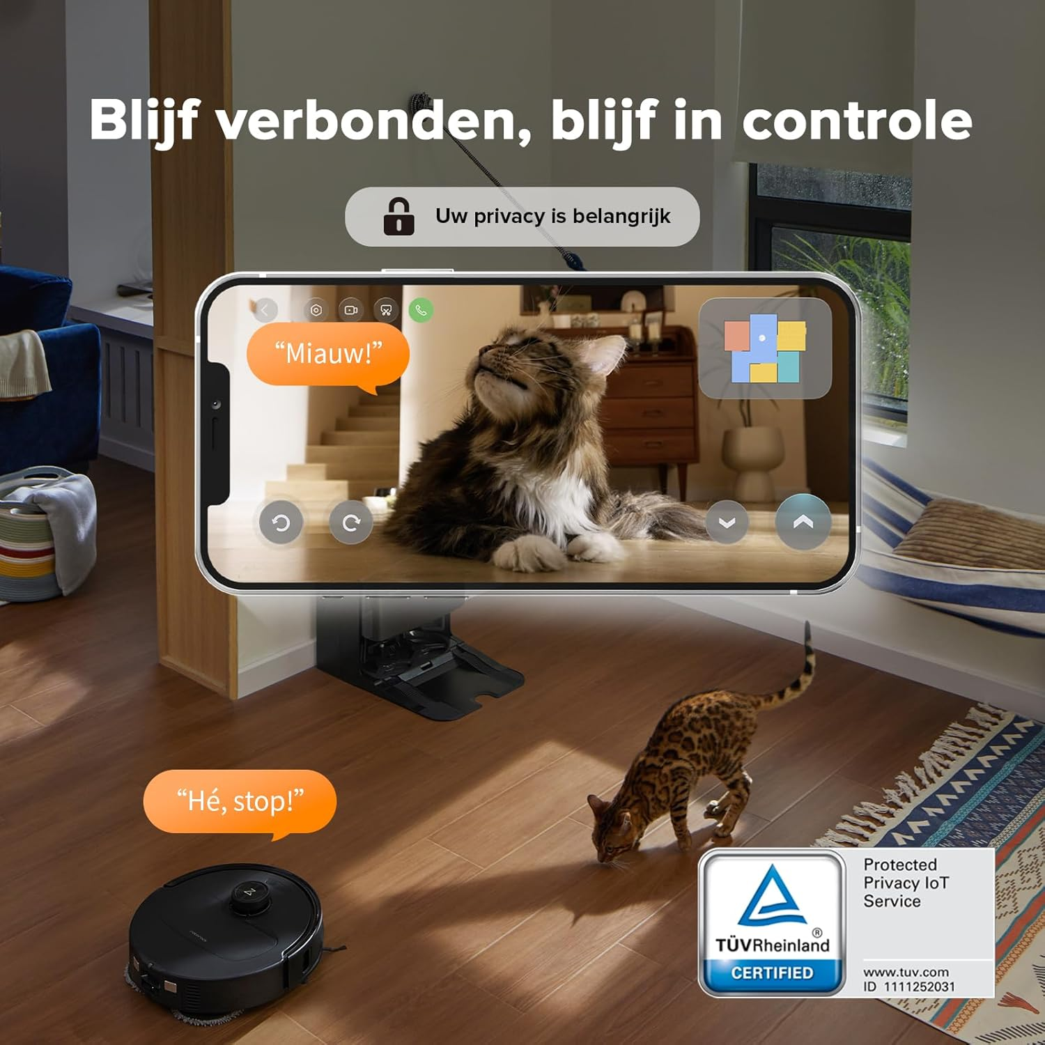 A robot vacuum and a cat on a wooden floor, with a smartphone showing a cat.