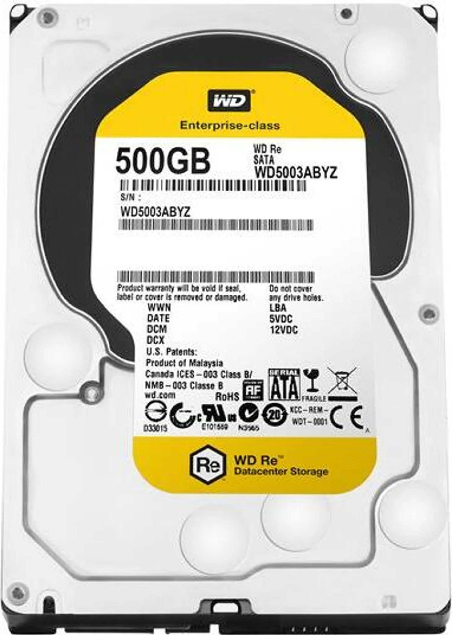 Dysk twardy WD Re Datacenter 500 GB z żółtą etykietą i czarnymi akcentami.