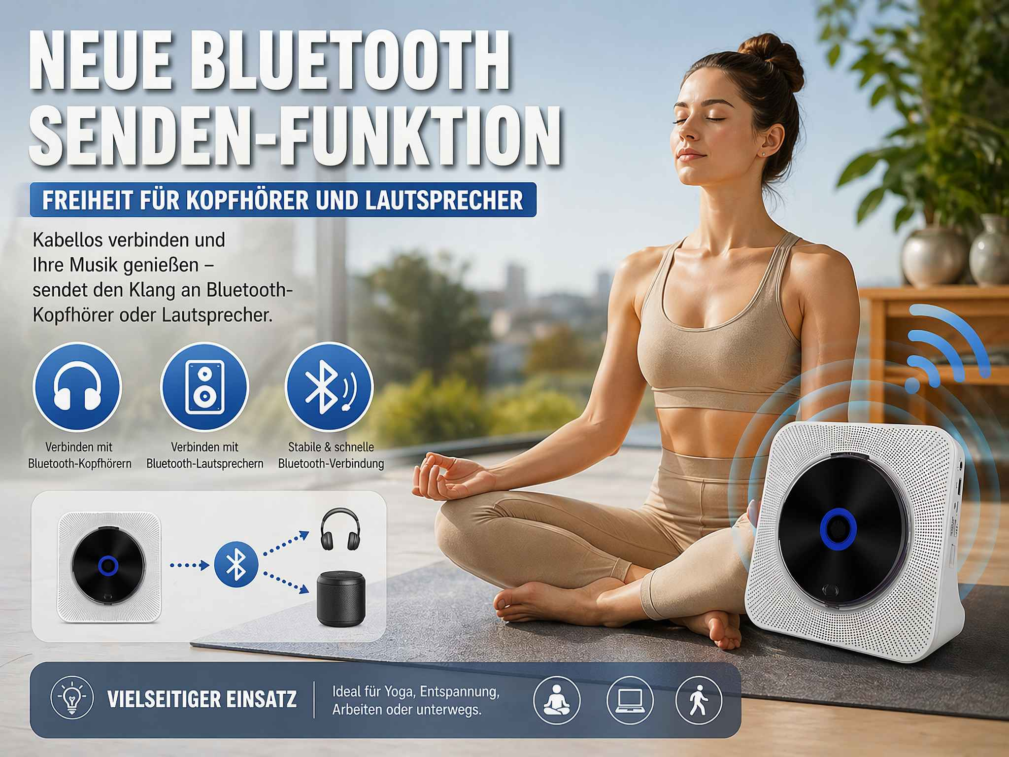 Frau in Yoga-Pose neben Bluetooth-CD-Player, der Musik an Kopfhörer/Lautsprecher sendet.