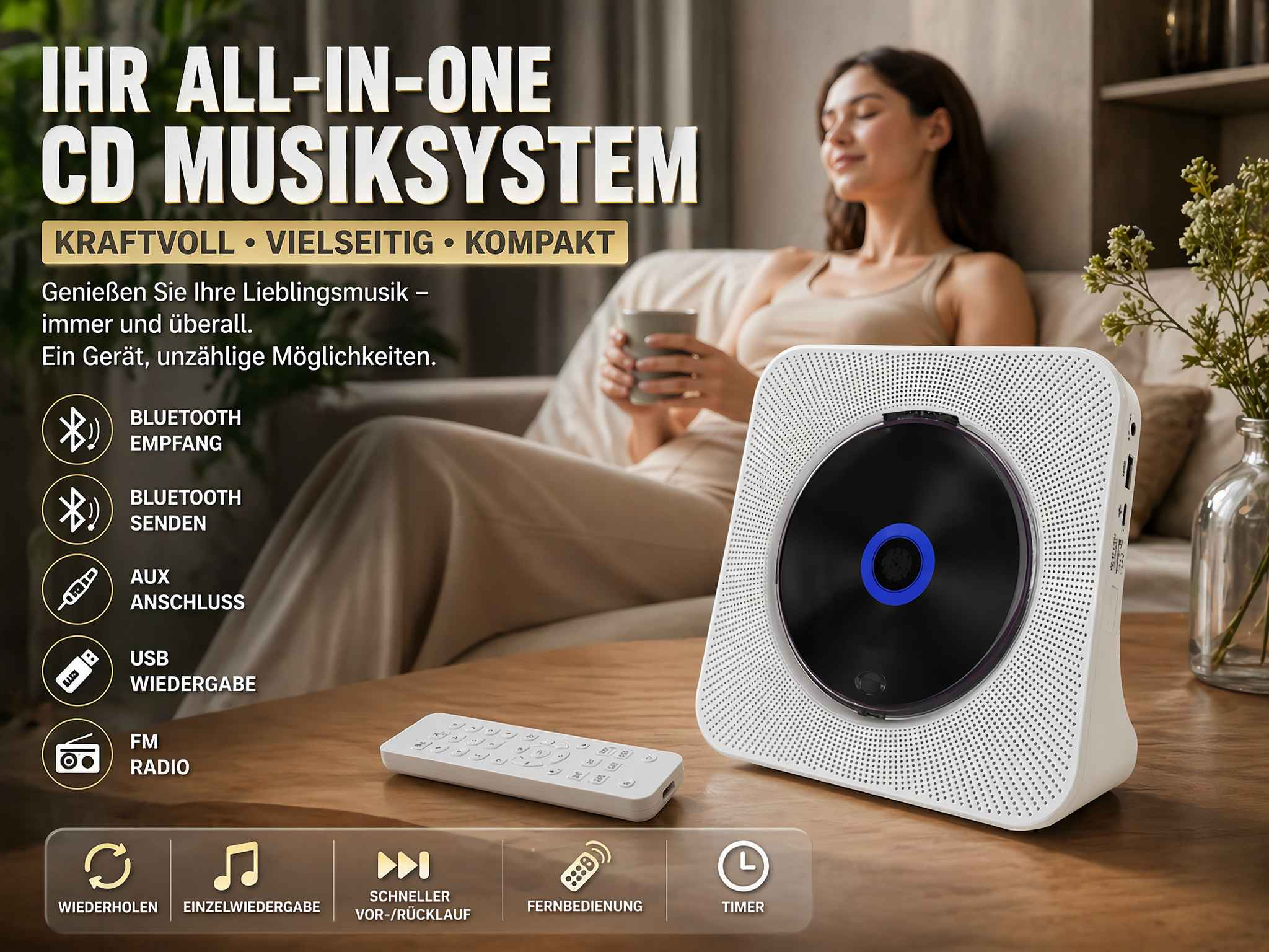 Ein weißes CD-Musiksystem mit Fernbedienung auf einem Holztisch. Eine Frau sitzt im Hintergrund.