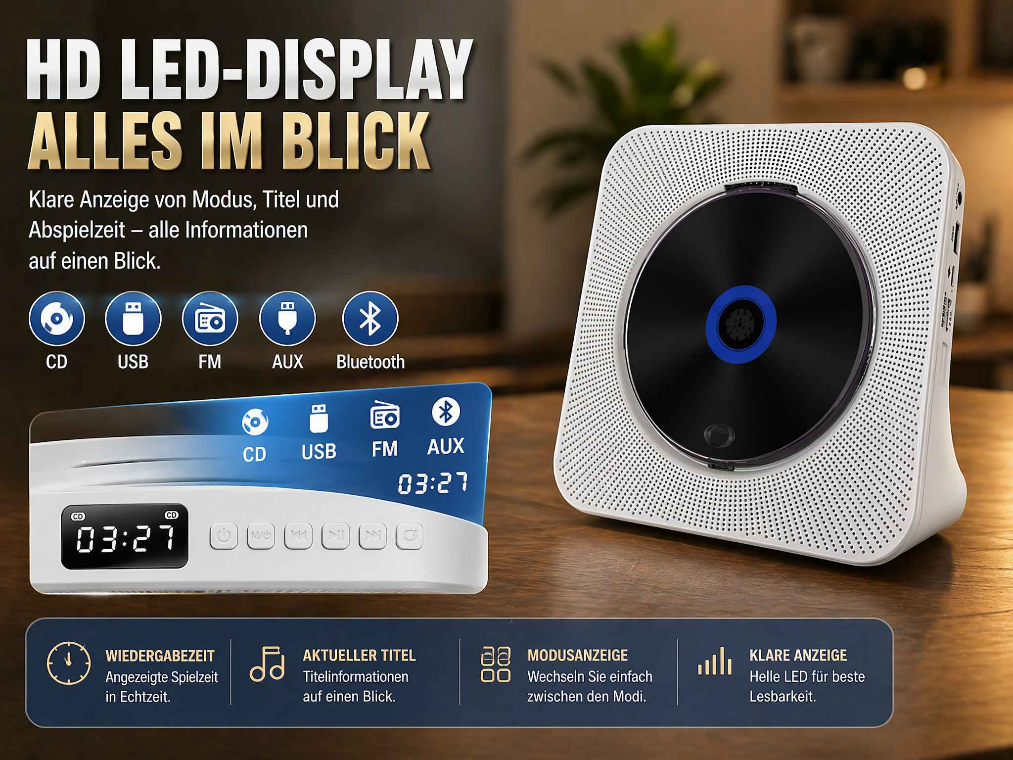 Weißer CD-Player mit HD-LED-Display, zeigt CD, USB, FM, AUX, Bluetooth-Modi.