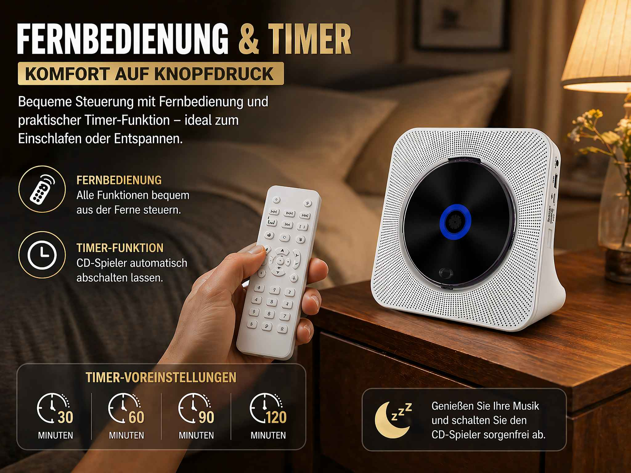 Weißer CD-Player mit Fernbedienung und Timer-Funktionen auf einem Holztisch.