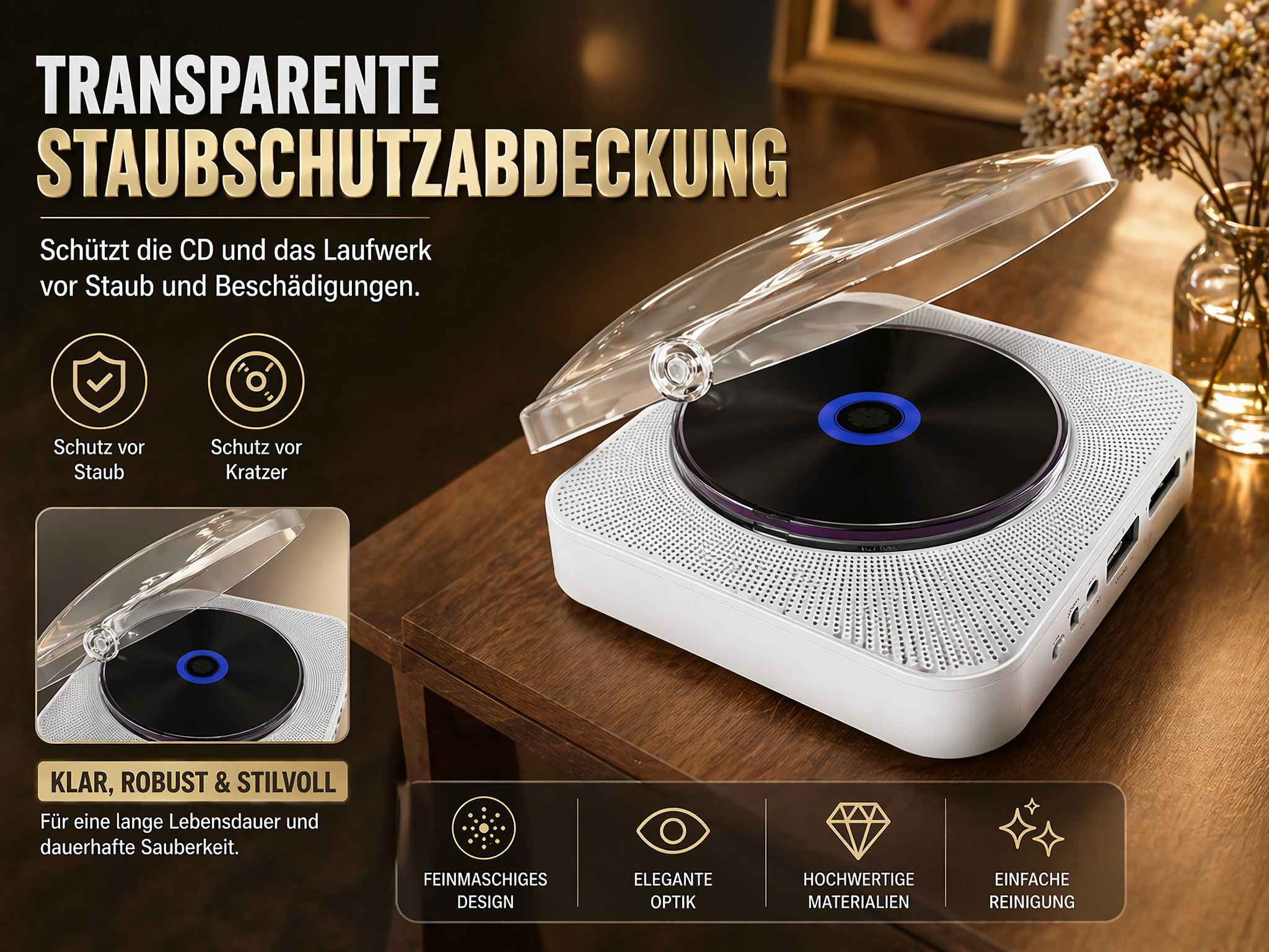 Ein weißer CD-Player mit transparenter Staubschutzhaube auf einem Holztisch.