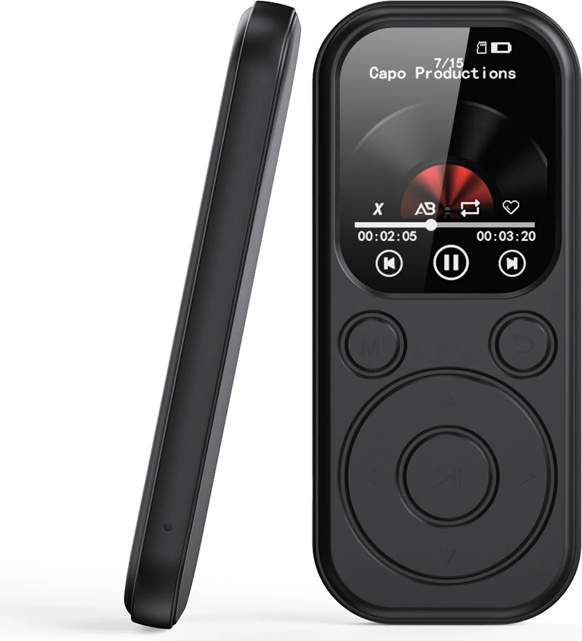 Schwarzer Musikplayer mit Display und Tasten, links daneben.