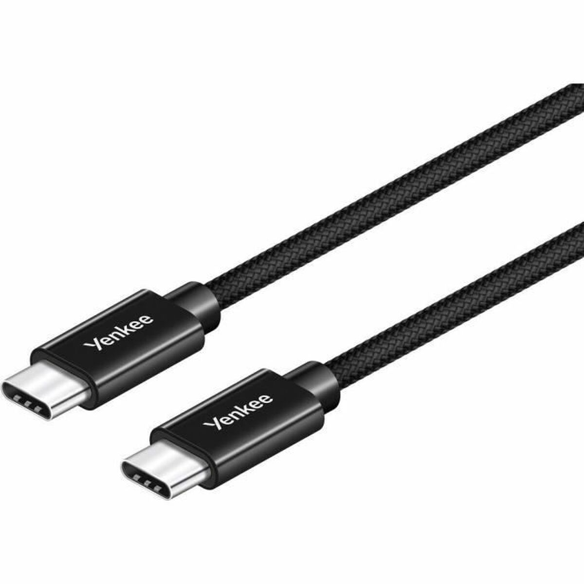 Zwei schwarze USB-C-Kabel mit texturiertem Geflecht und silbernen Anschlüssen.