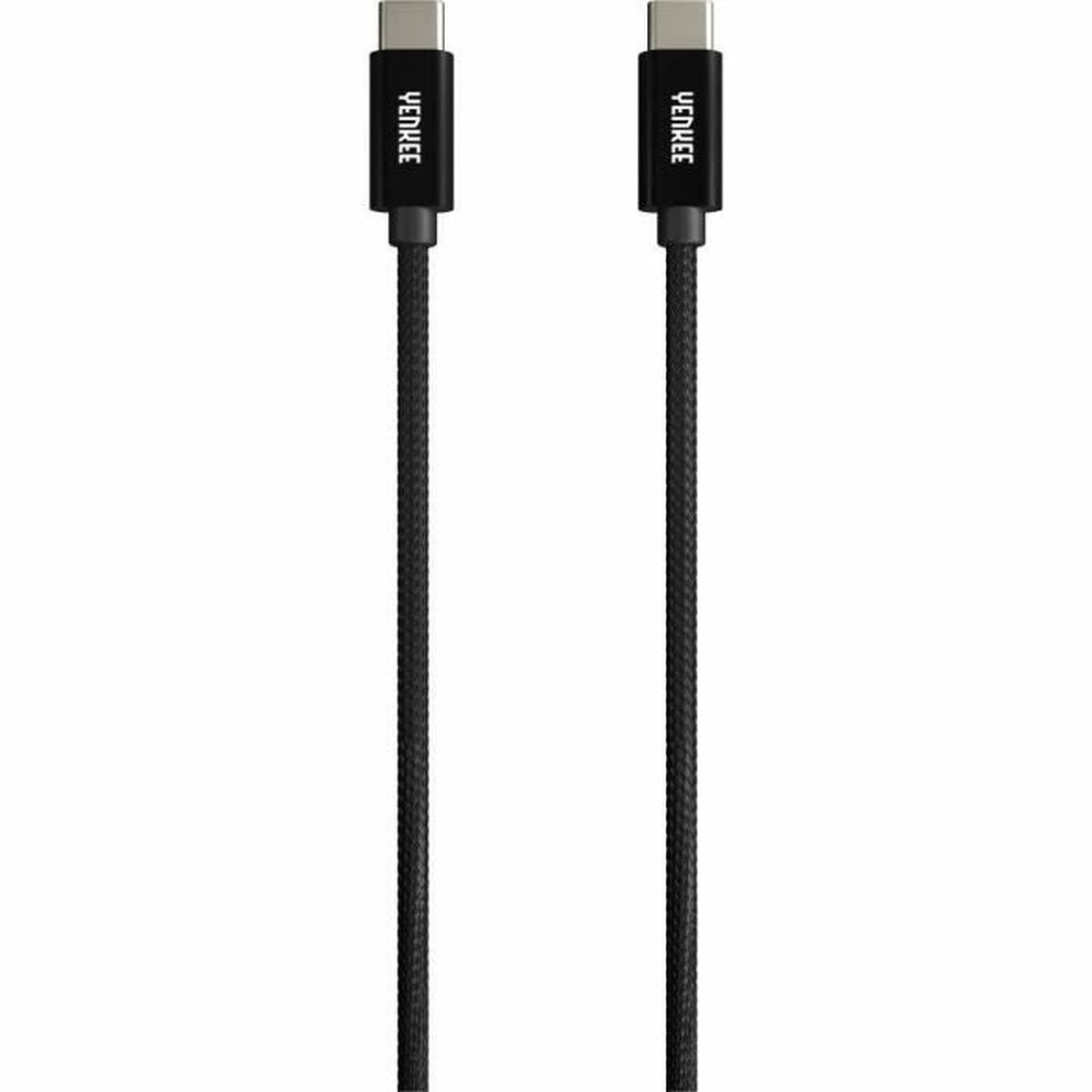 Zwei schwarze USB-C-Kabel mit silbernen Anschlüssen auf weißem Hintergrund.
