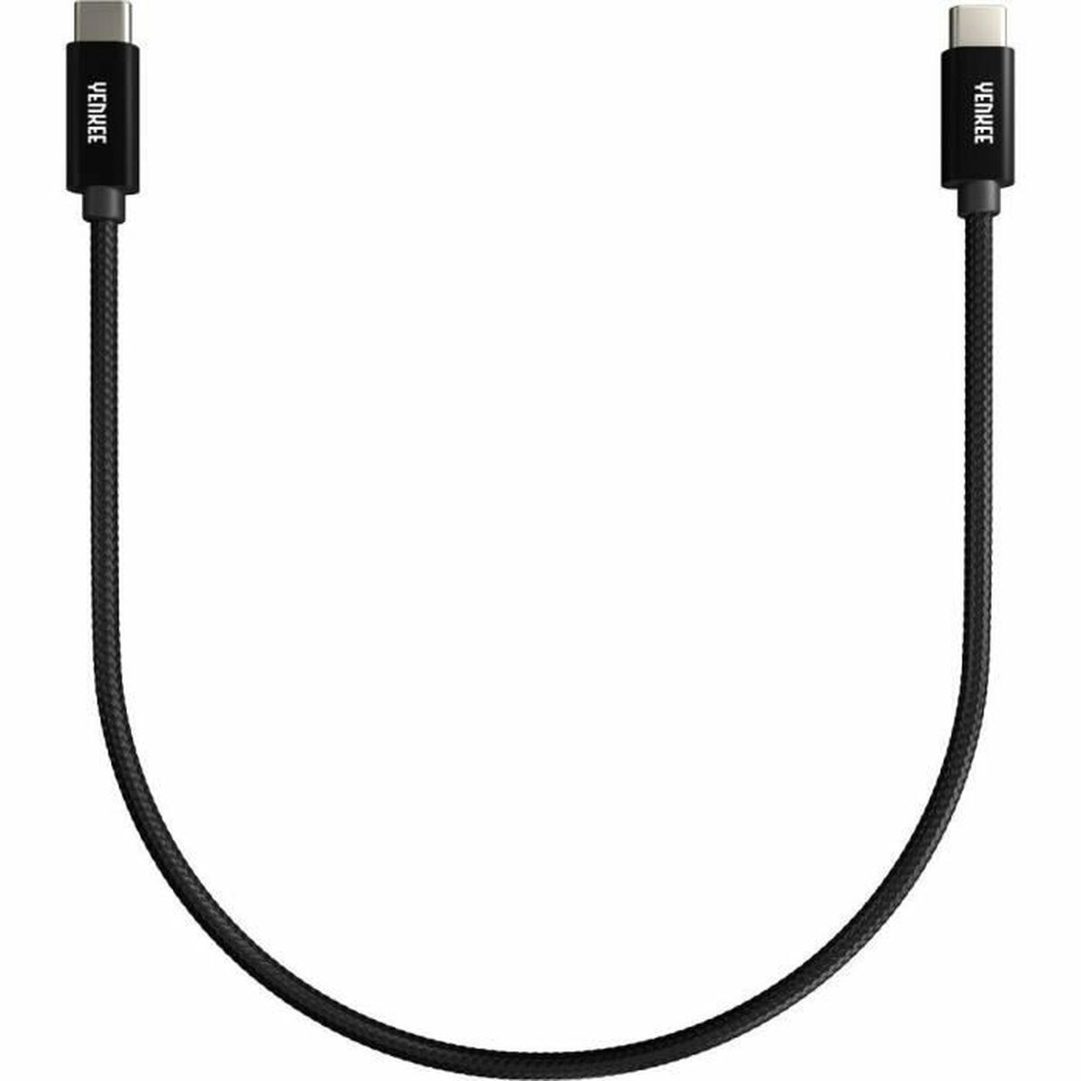 Ein schwarzes USB-C-Kabel mit geflochtenem Kabel und silbernen Steckern.