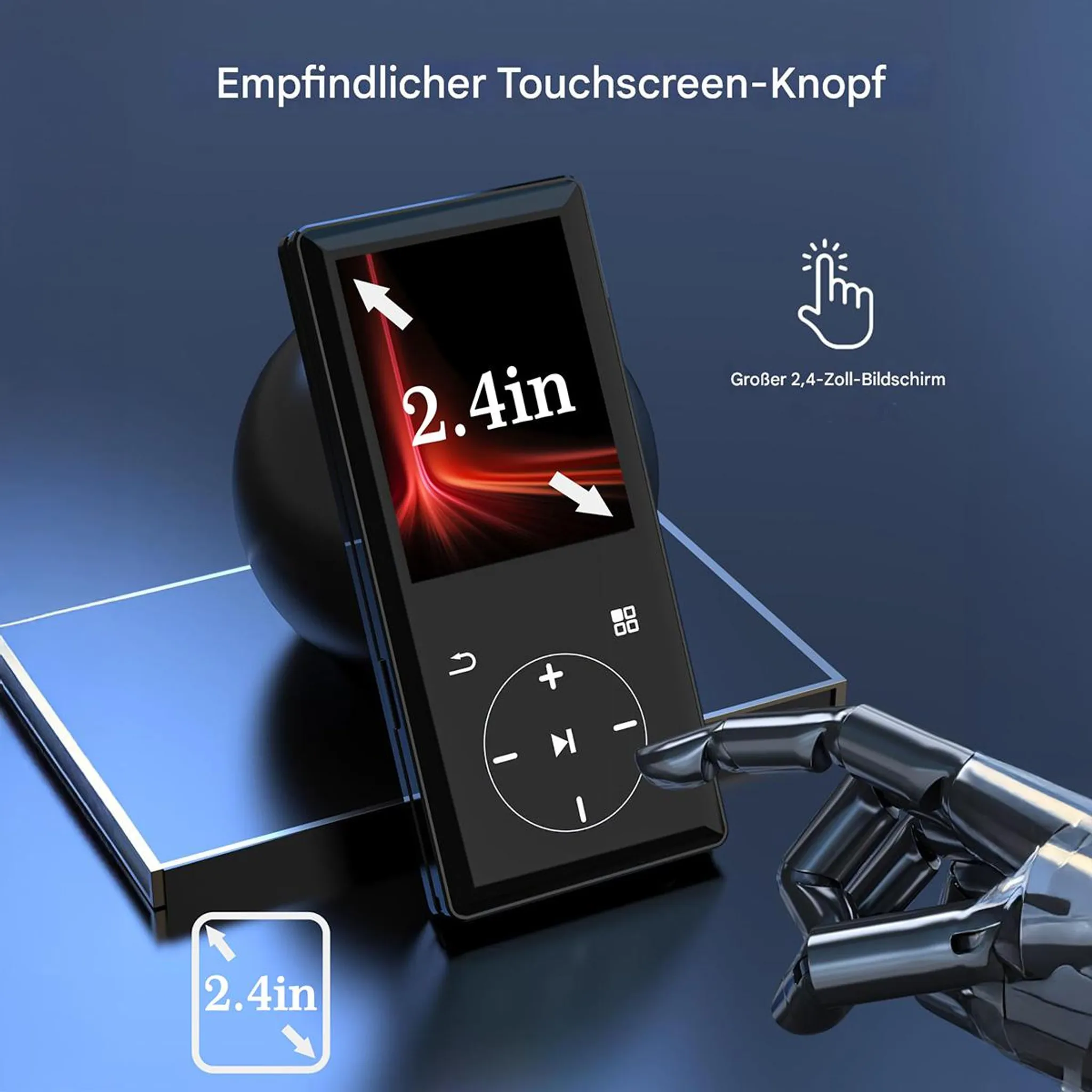 Ein schwarzer MP3-Player mit 2,4-Zoll-Bildschirm und einem Roboterfinger, der ihn bedient.