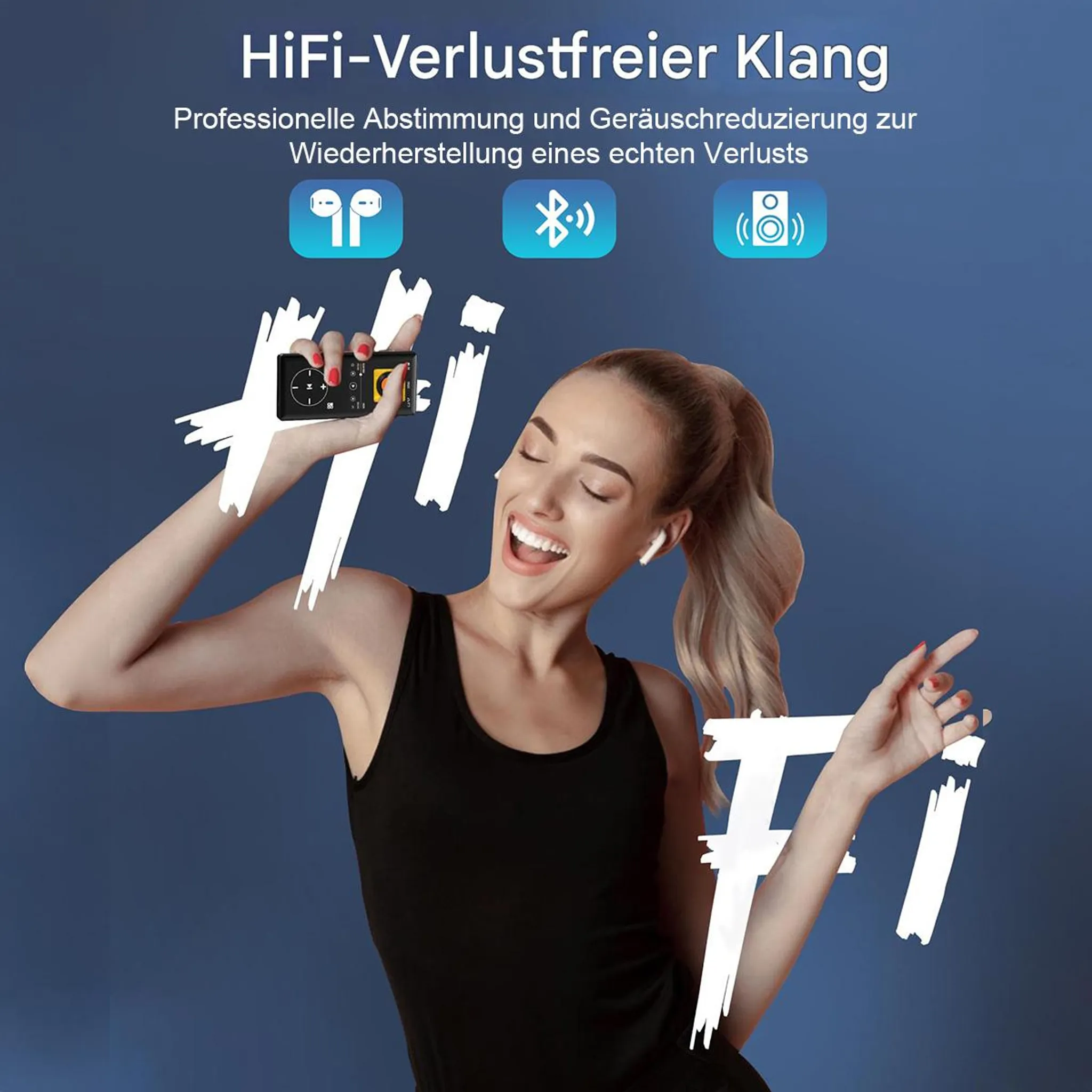 Frau mit Kopfhörern und Player, die zu HiFi-Musik tanzt.