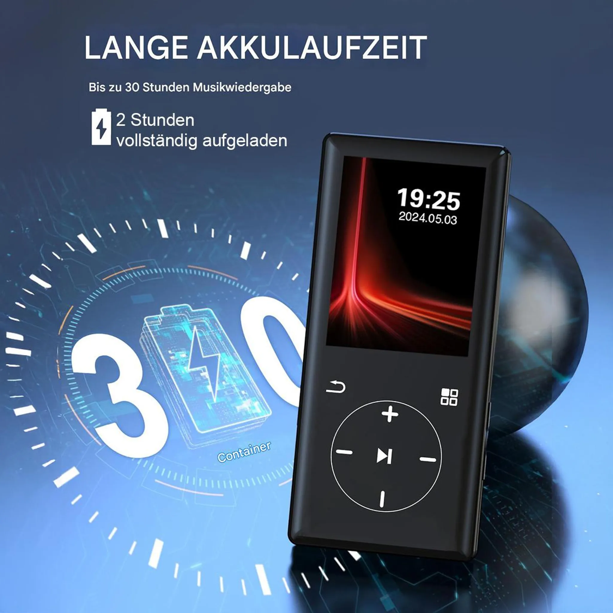 Ein schwarzer Musikplayer mit großem Display, der lange Akkulaufzeit anzeigt.