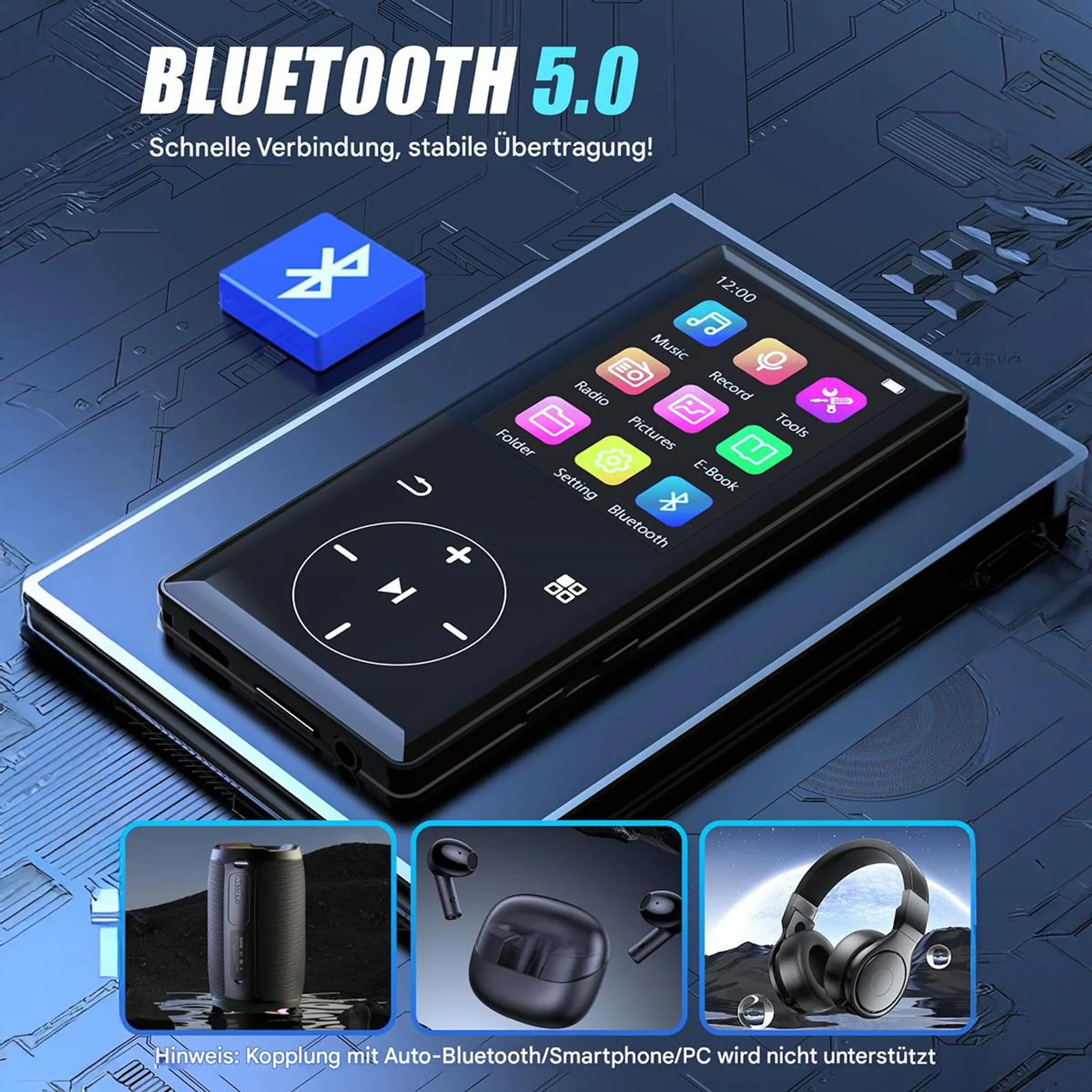 Ein schwarzes Bluetooth 5.0 Audiogerät mit Icons für Musik, Radio, Bilder, E-Book.