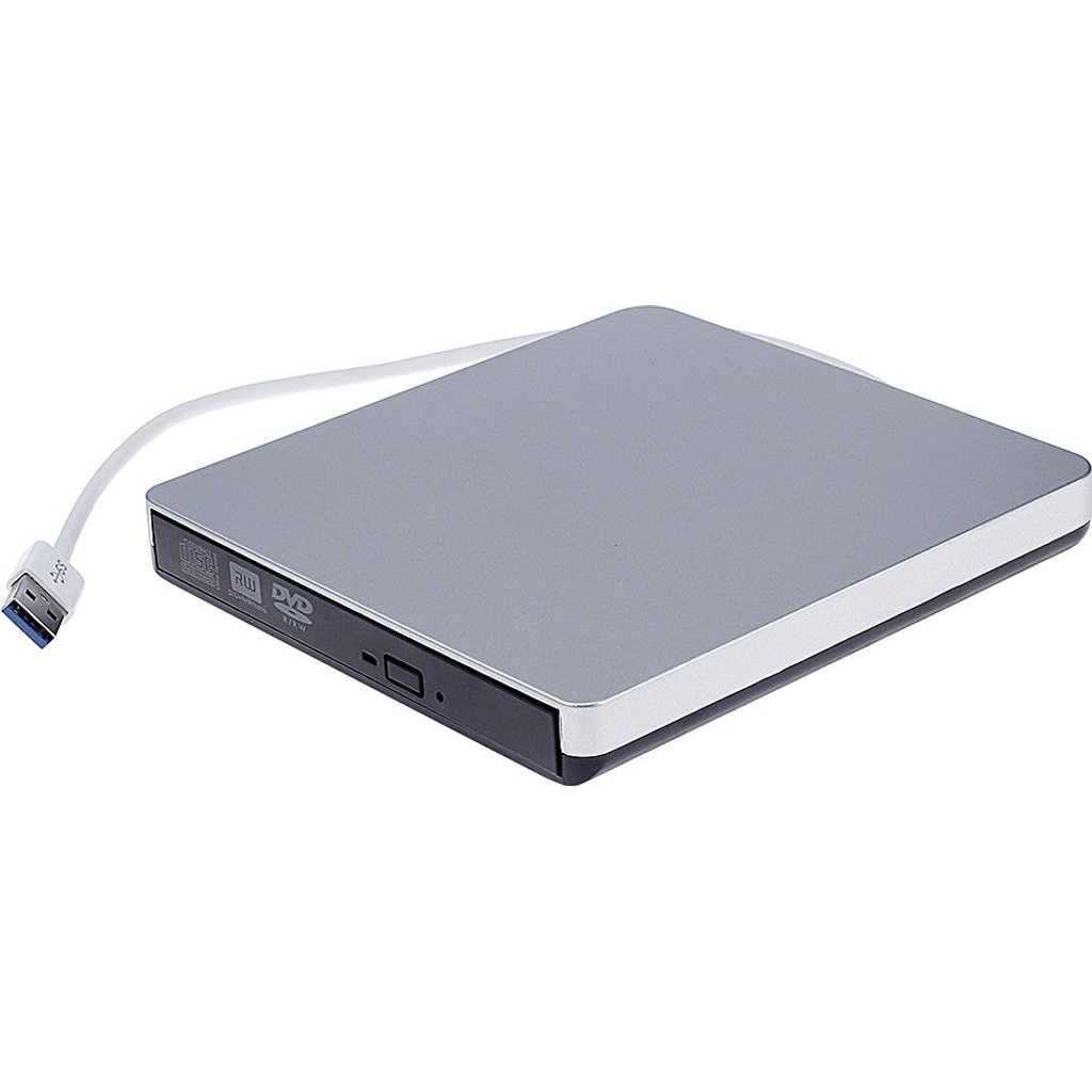 Silbernes externes DVD-Laufwerk mit USB-Kabel auf weißem Hintergrund.