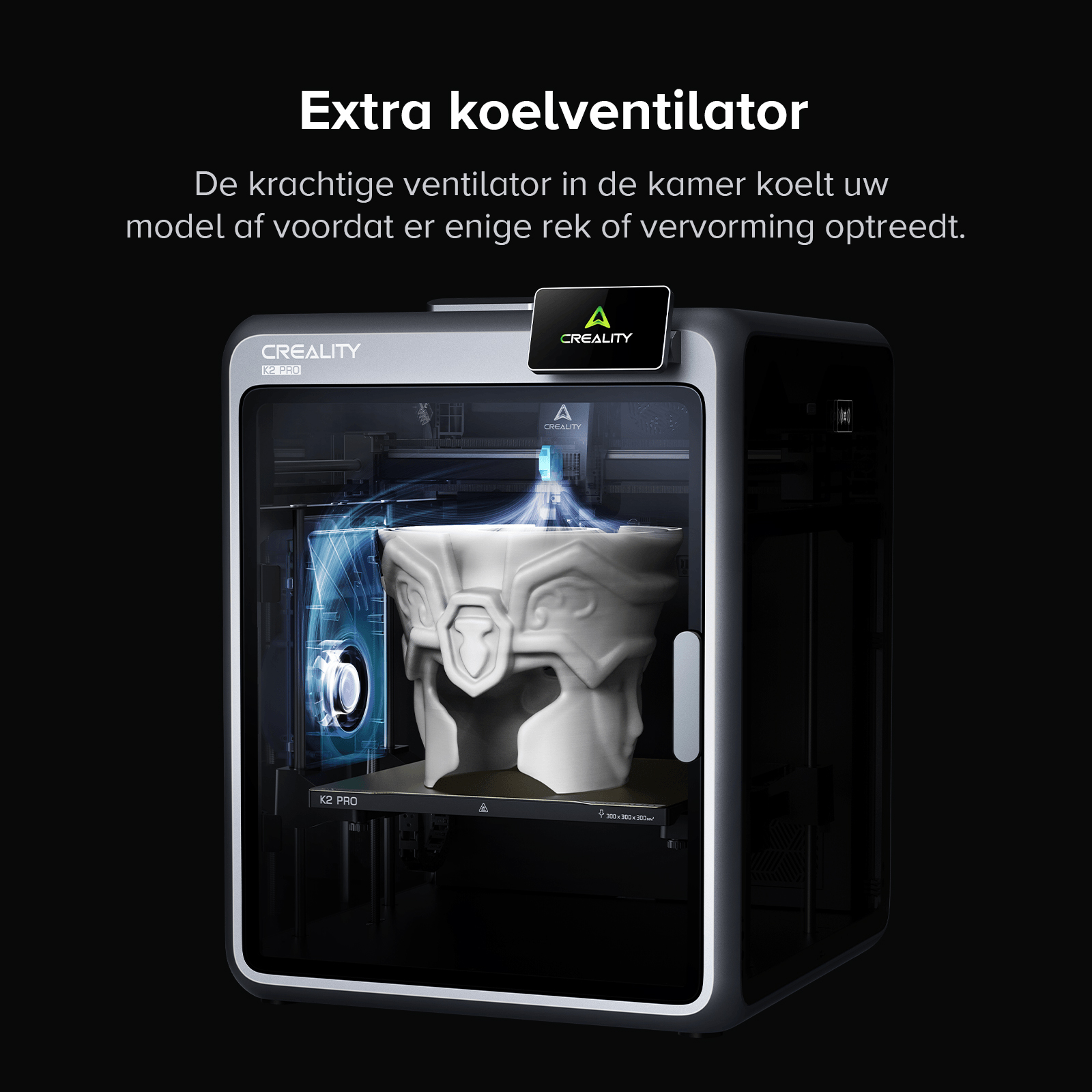 A 3D printer cools a white model to prevent warping.