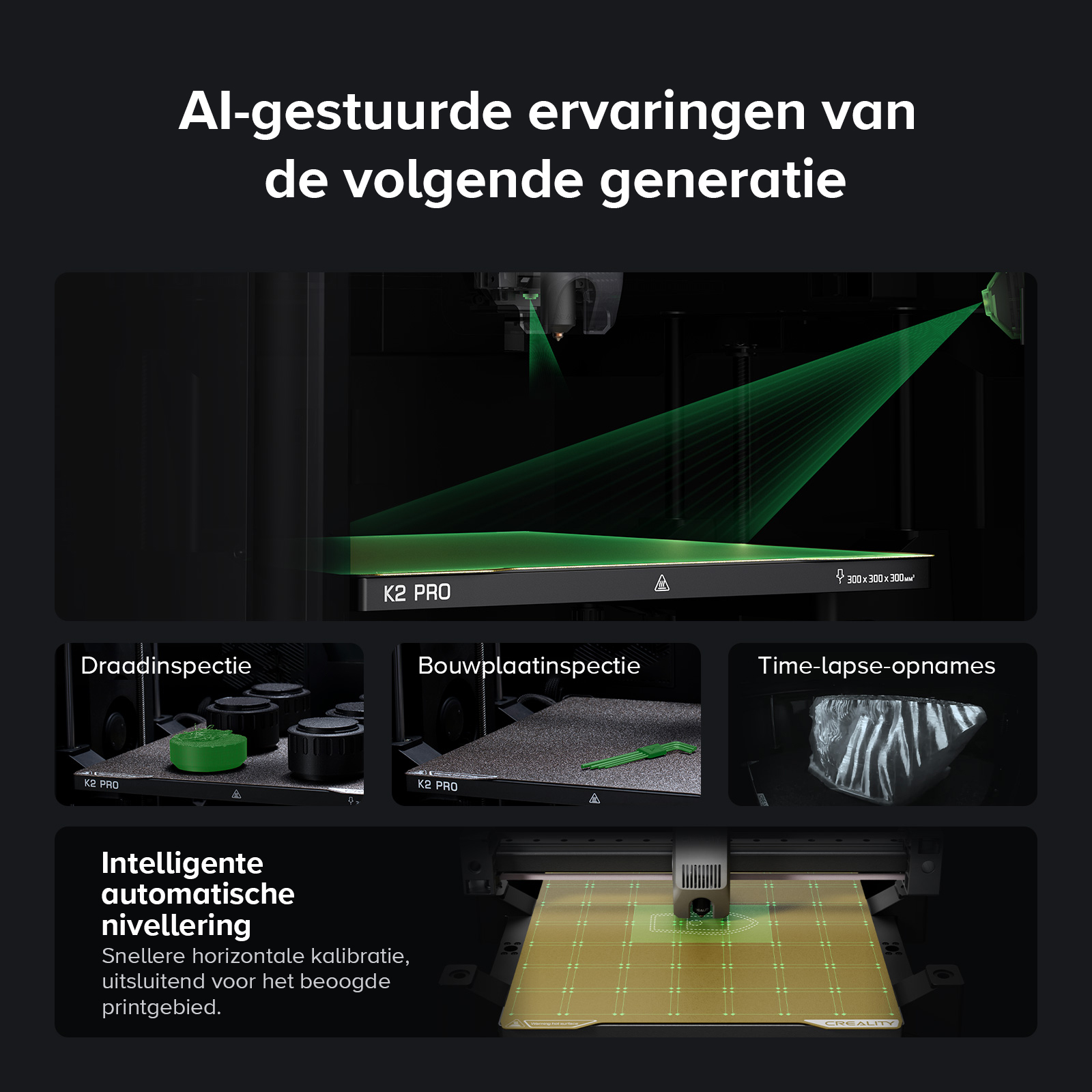 AI-powered 3D printer features: filament check, bed leveling, and time-lapse.