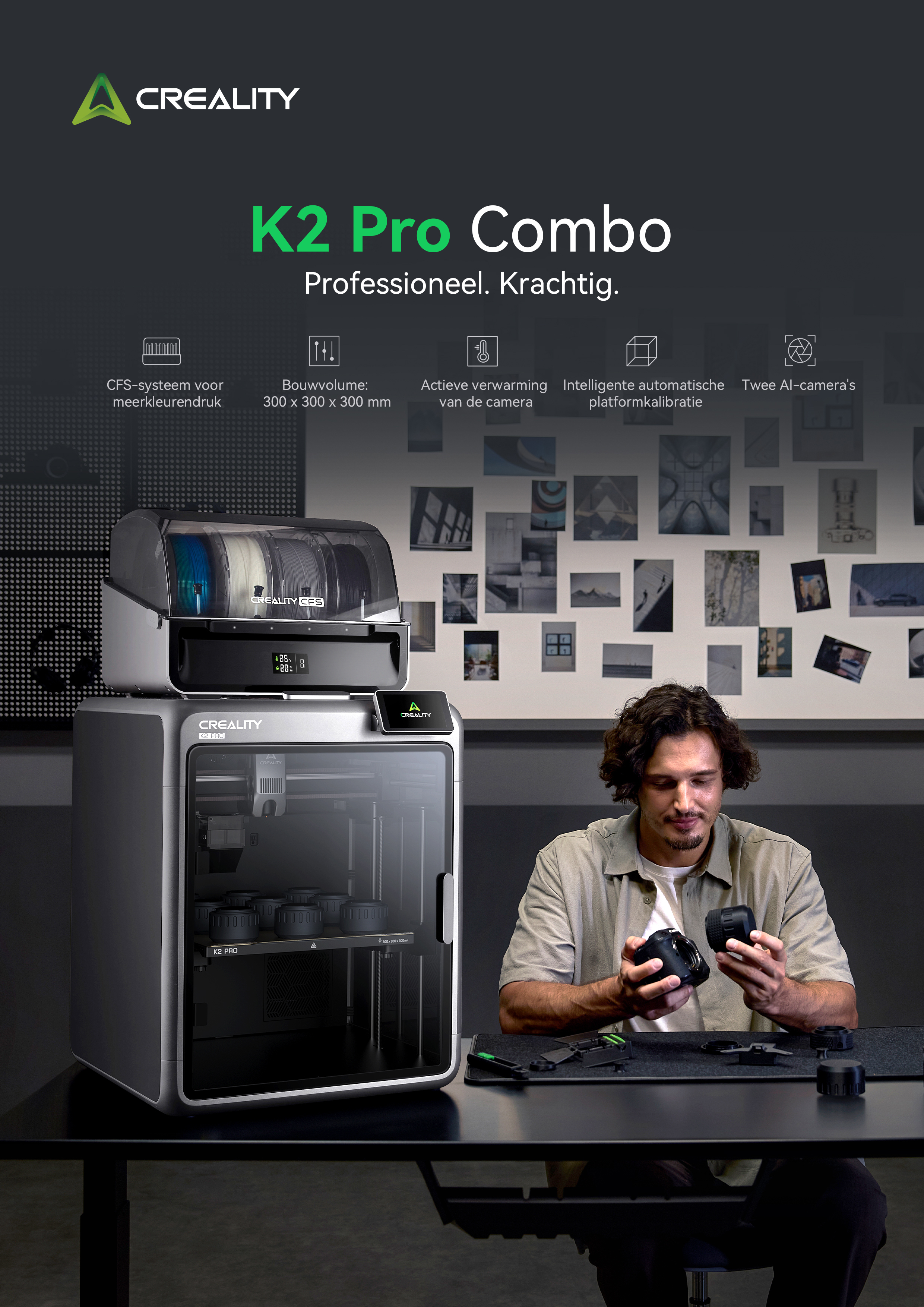 Man holds 3D printer parts. Creality K2 Pro Combo with filament spools in foreground.