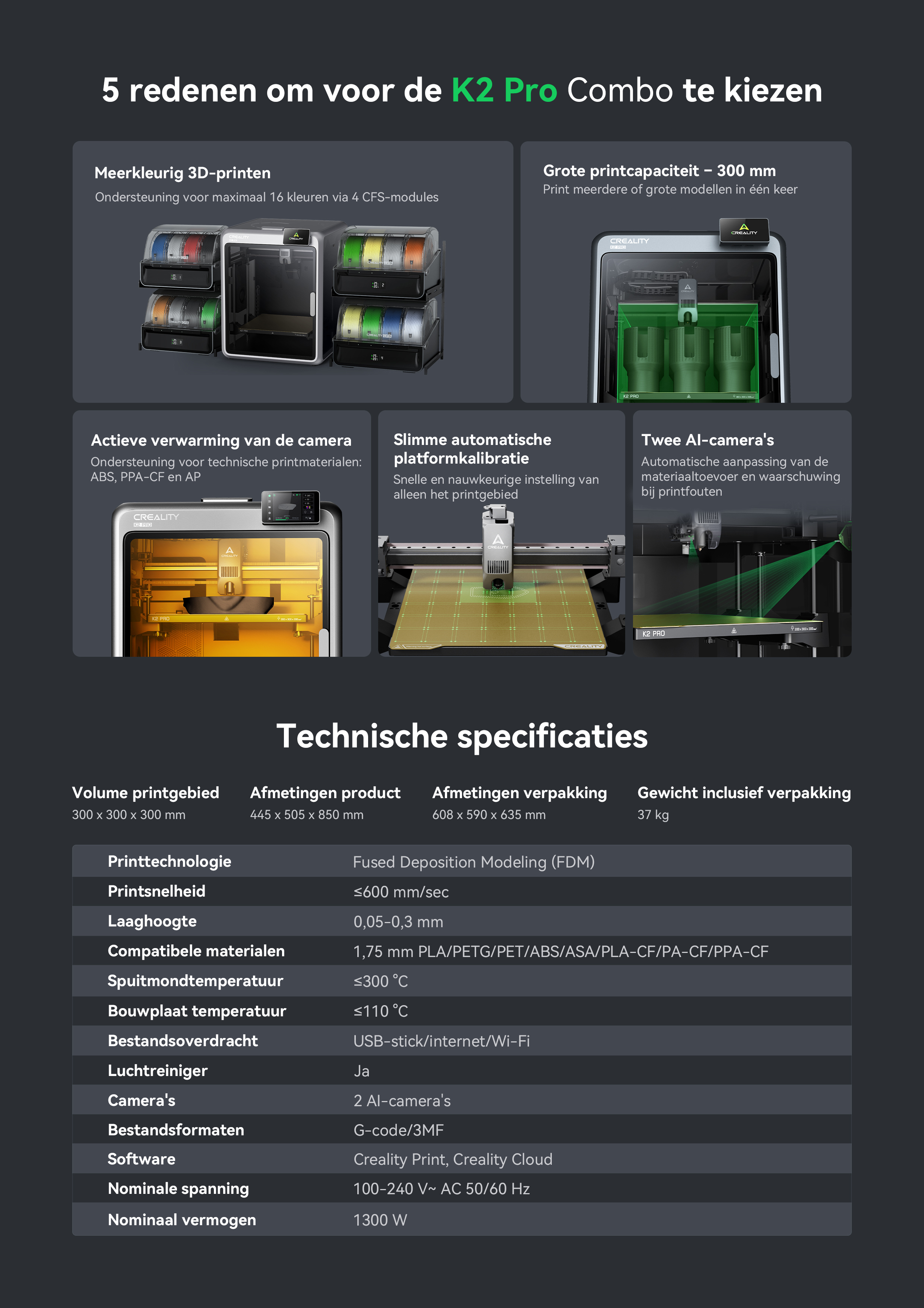 3D printer features: multicolor printing, 300mm print capacity, camera heating, calibration, AI cameras.