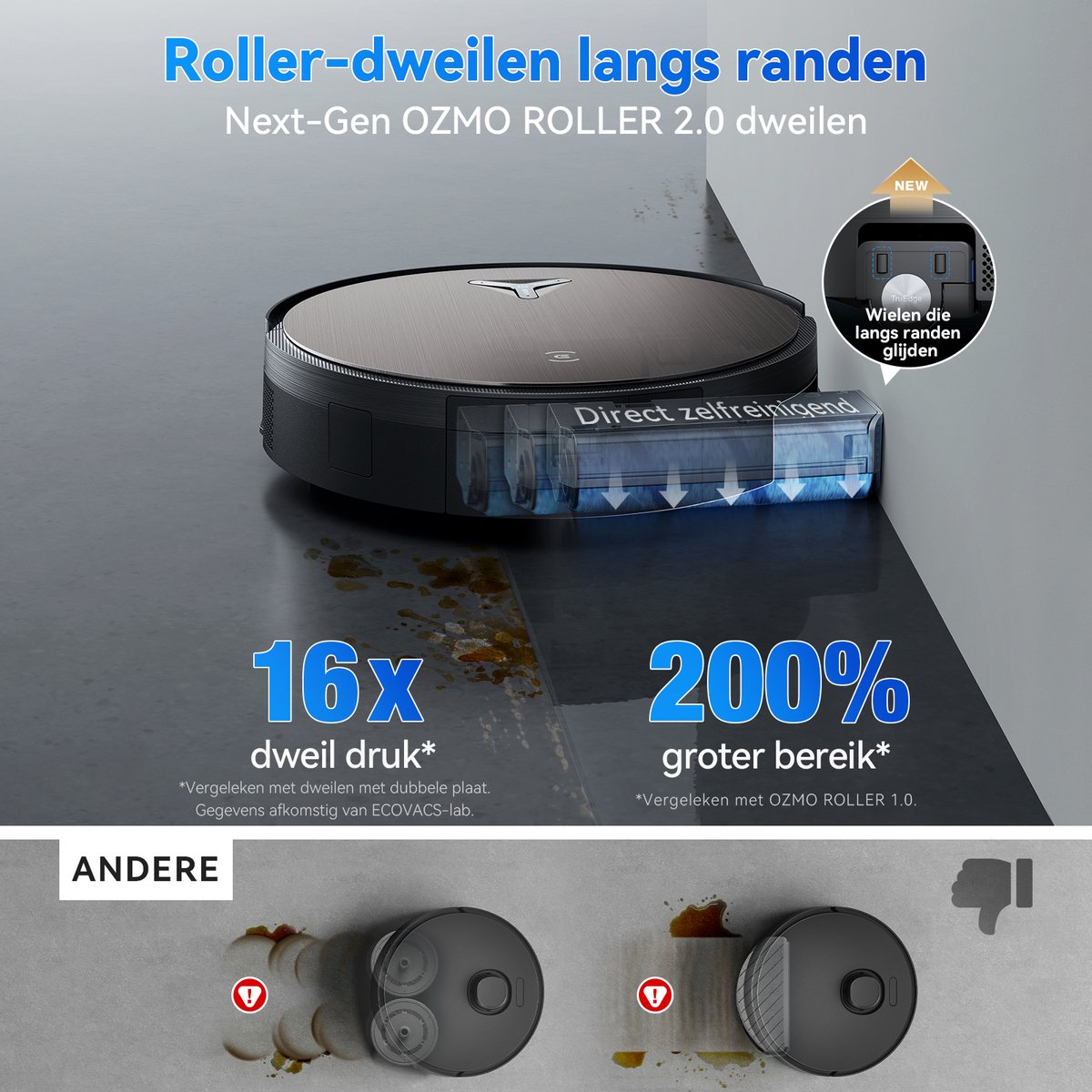 Un aspirateur robot nettoie le bord d'un sol. Nouvelle technologie avec 16x plus de pression.