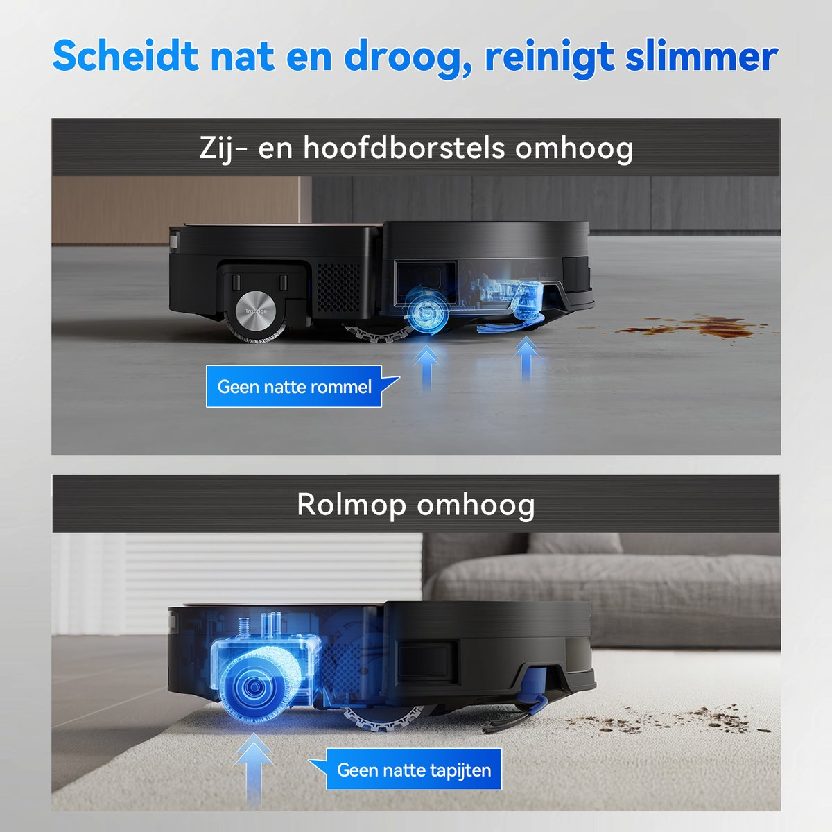 Un aspirateur robot nettoie une tache humide sur sol dur et miettes sur tapis.
