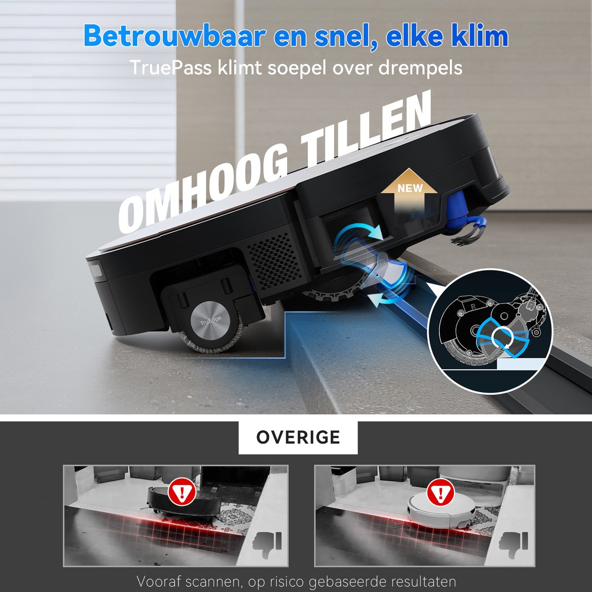 Un aspirateur robot franchit une marche. Montre une nouvelle fonctionnalité.