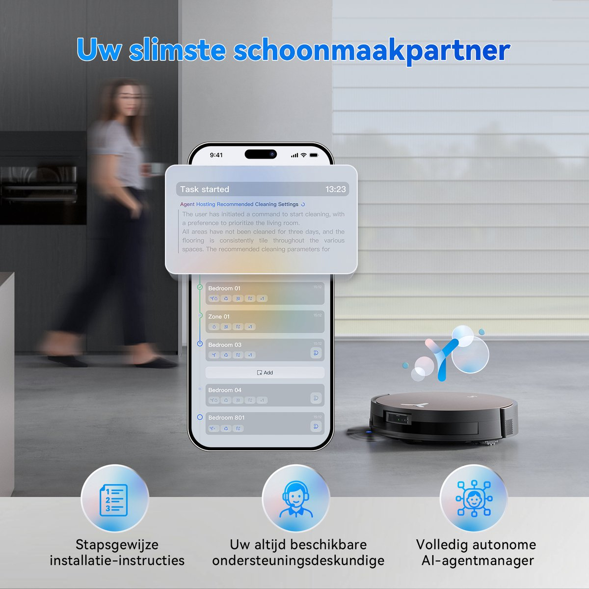 Un aspirateur robot avec contrôle d'application dans une maison moderne.