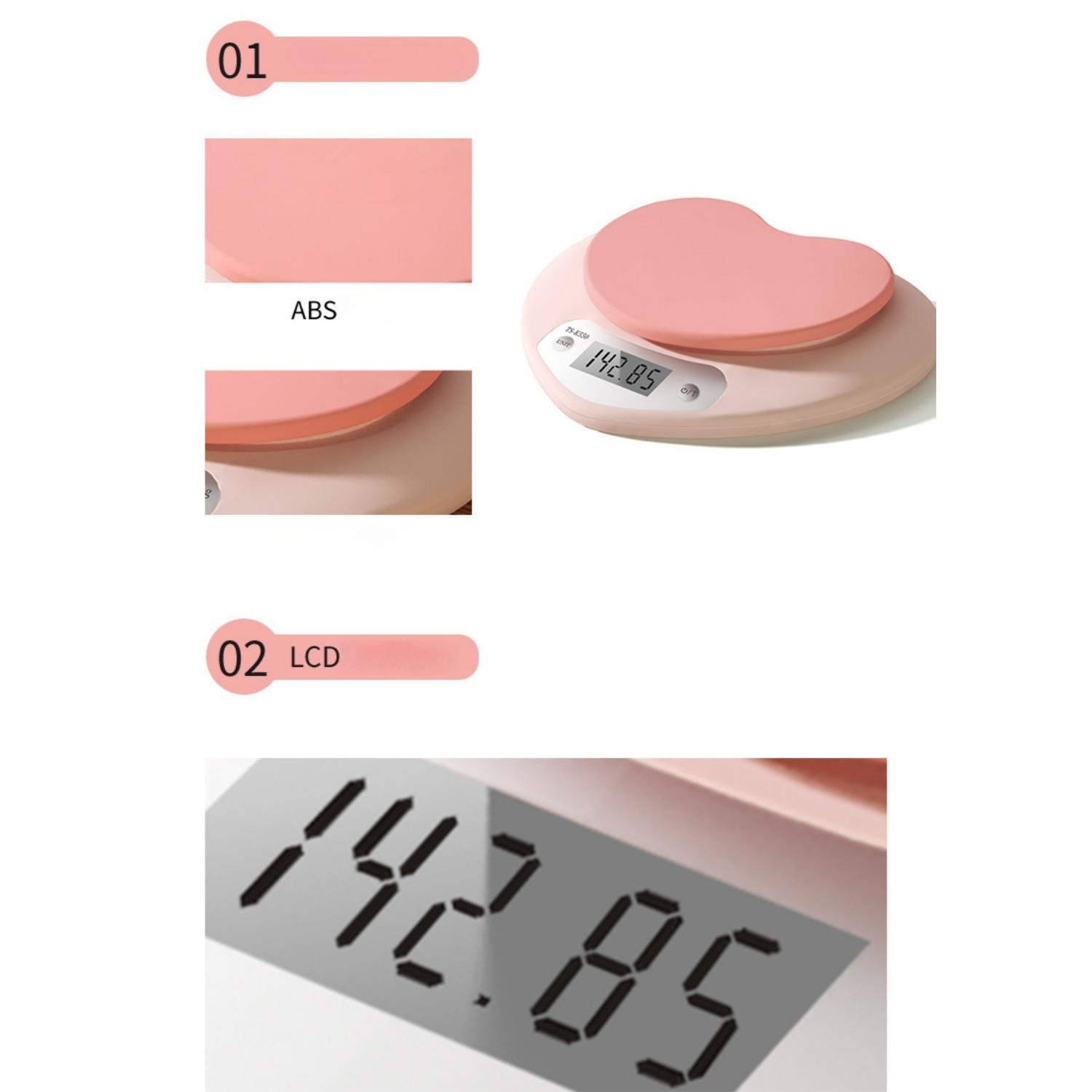 Eine rosa Herz-Küchenwaage mit LCD-Anzeige, die 142,85 anzeigt.