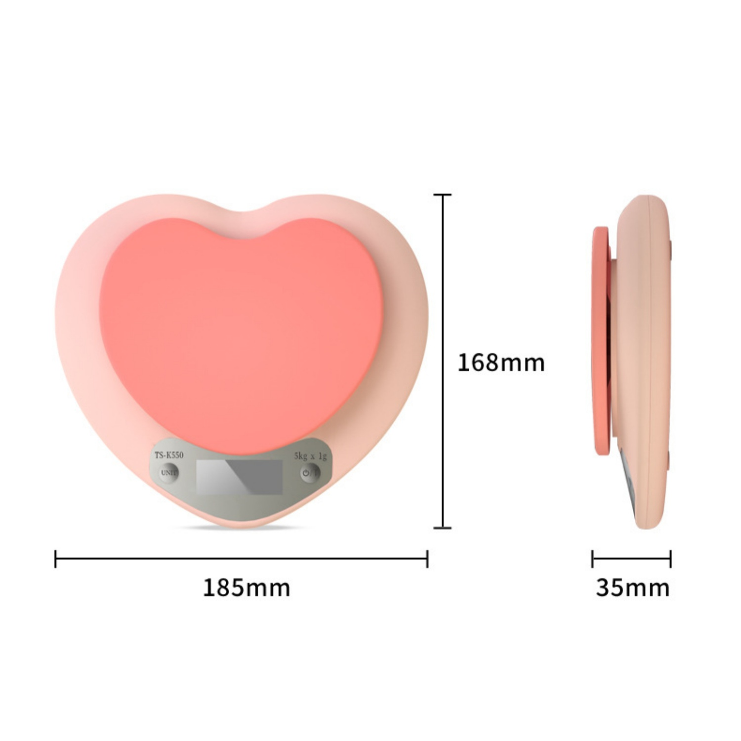 Eine rosa Herzwaage mit Digitalanzeige, 185mm breit und 168mm hoch.