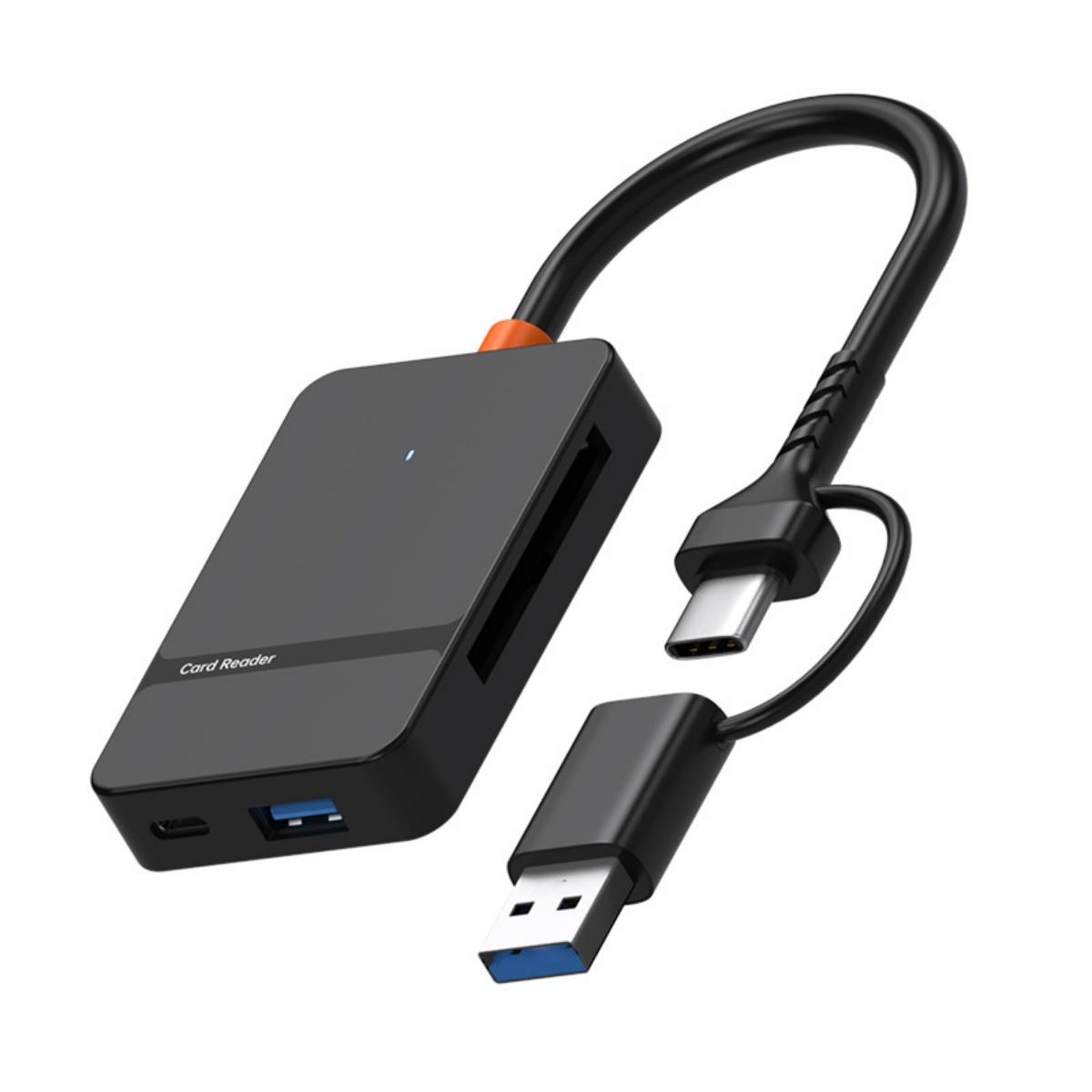 Schwarzer Kartenleser mit USB-A und USB-C Kabeln auf weißem Hintergrund.
