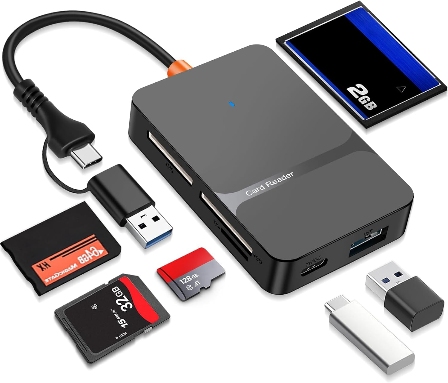 Ein dunkelgrauer Kartenleser mit verschiedenen Speicherkarten und USB-Sticks darum.