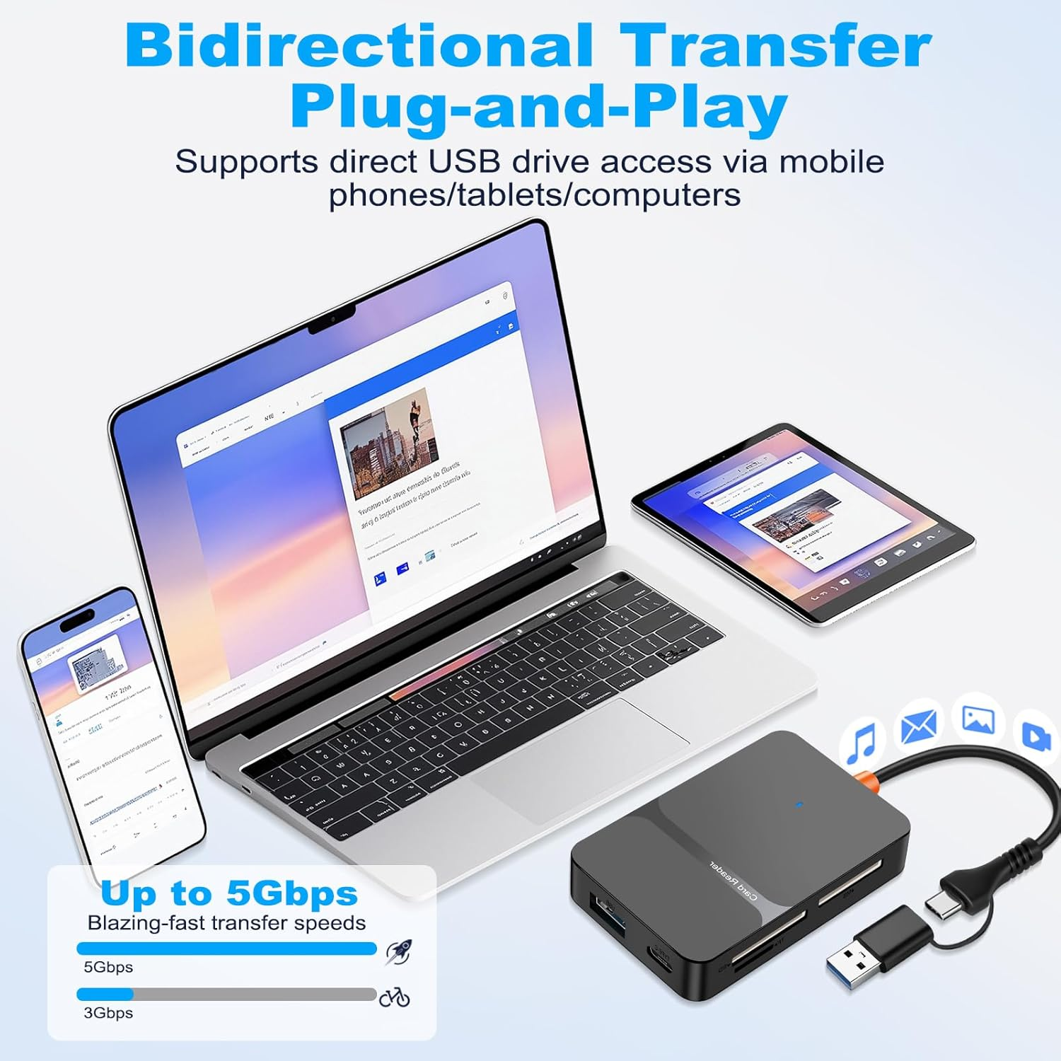Ein Laptop, Smartphone und Tablet mit einem externen USB-Hub mit Kabeln und Speicherkartensteckplätzen.