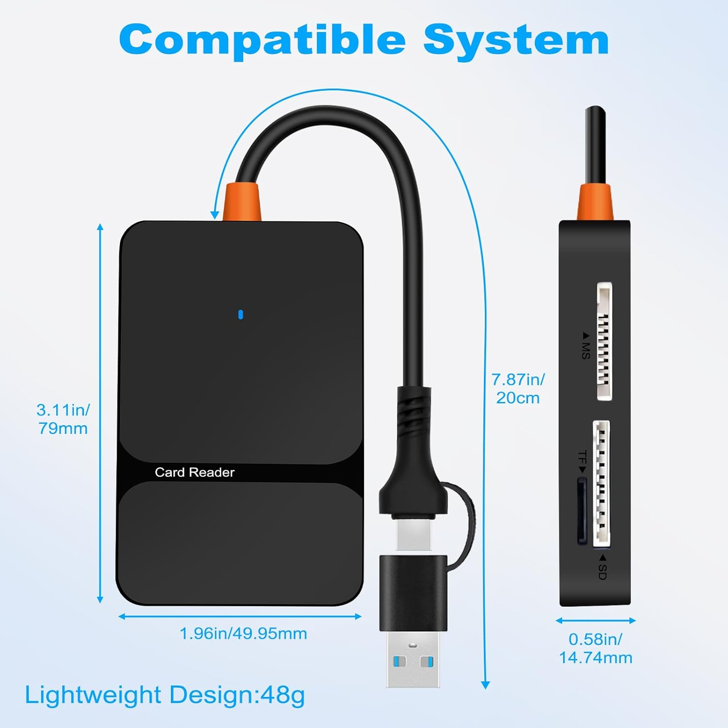 Schwarzer Kartenleser mit USB-Kabel, MS-, TF- und SD-Steckplätzen. Maße angegeben.