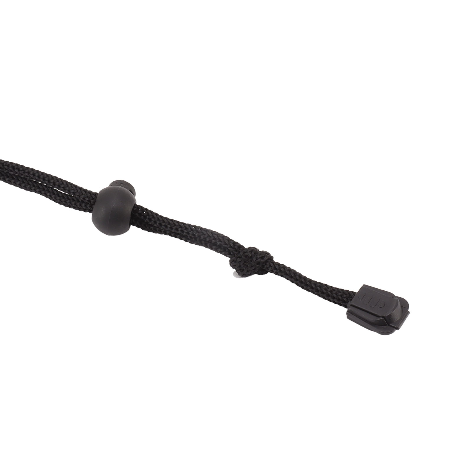 Ein schwarzes Seil mit einem Stopper und einem Knoten, auf weißem Hintergrund.
