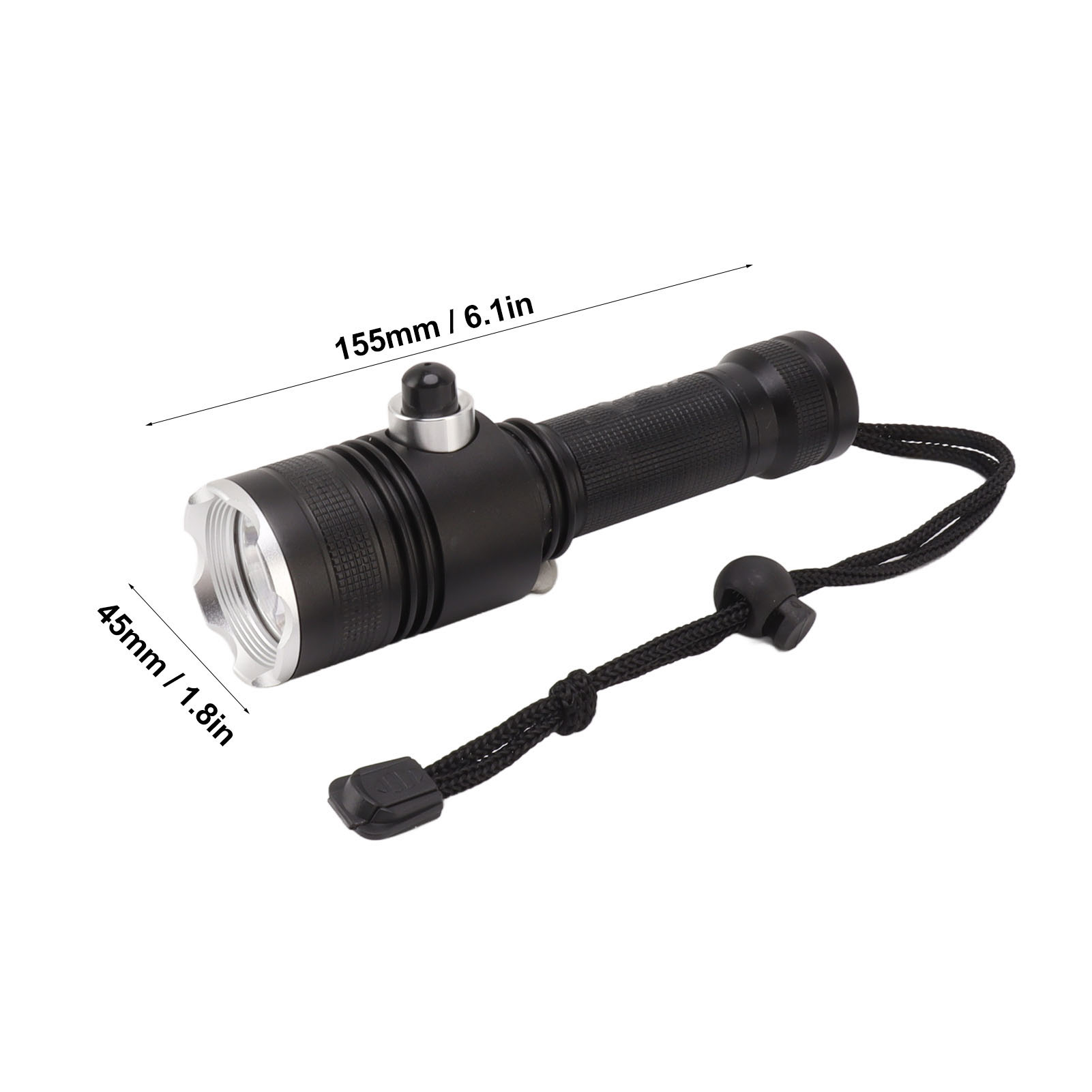 Schwarze Taschenlampe mit Lanyard und Größenangaben 155mm/6,1in und 45mm/1,8in.
