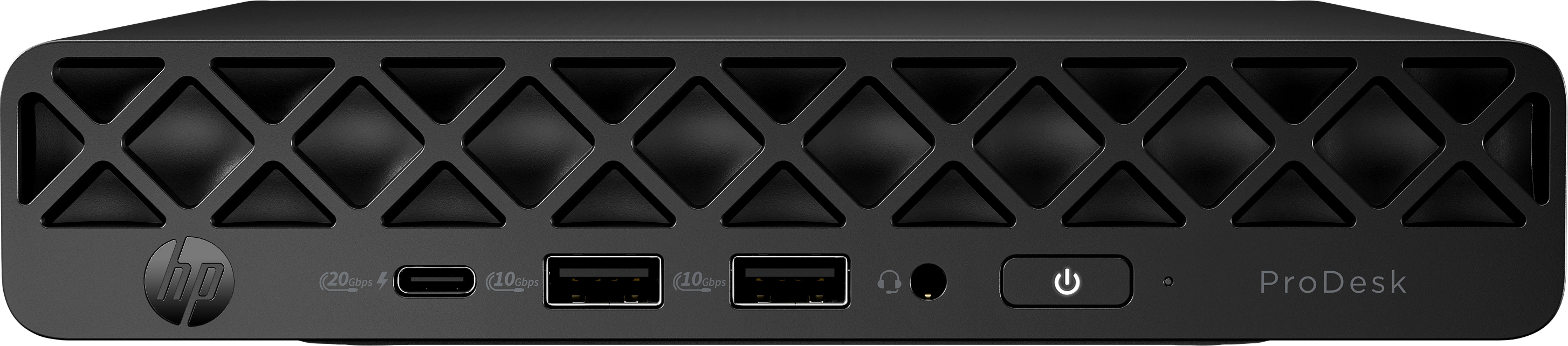 Mini PC HP ProDesk nero con griglia di ventilazione, USB-C, USB-A, jack audio e pulsante di accensione.