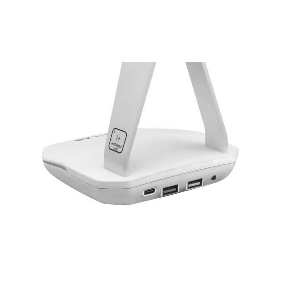 Dispositivo bianco con porte USB e simbolo 'H'.